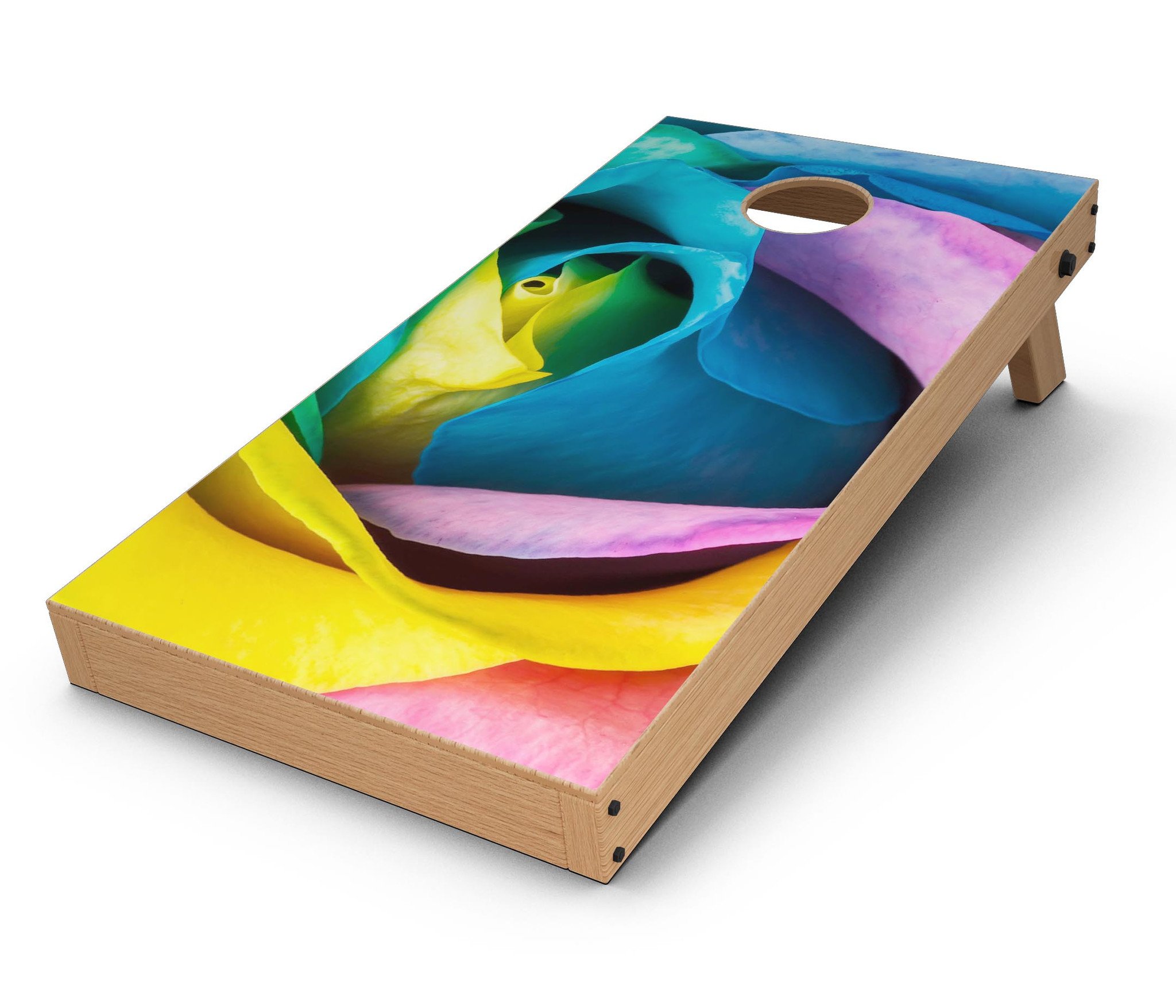 Rainbow Dyed Rose V3 CornHole Board Skin Decal Kit showcasing vibrant colors and design, perfect for customizing Cornhole boards.