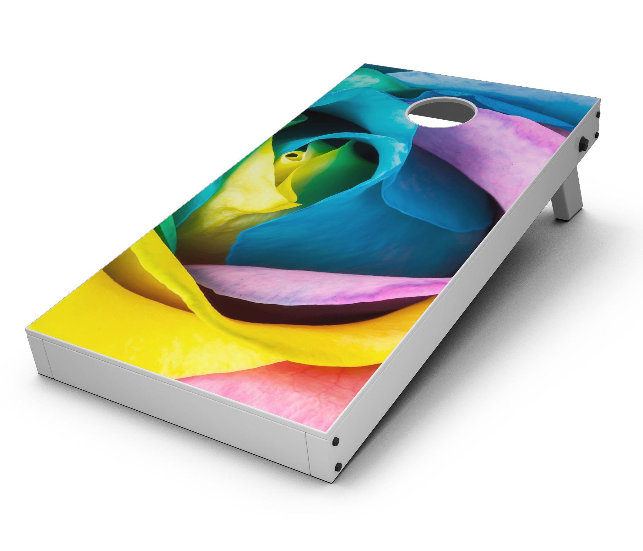 Rainbow Dyed Rose V3 CornHole Board Skin Decal Kit showcasing vibrant colors and design, perfect for customizing Cornhole boards.