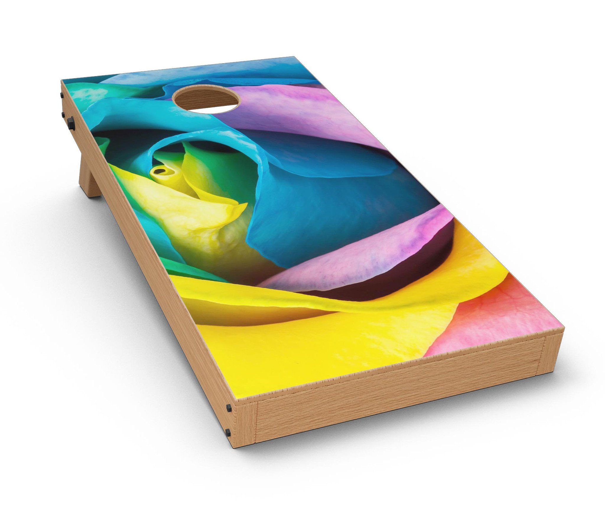 Rainbow Dyed Rose V3 CornHole Board Skin Decal Kit showcasing vibrant colors and design, perfect for customizing Cornhole boards.