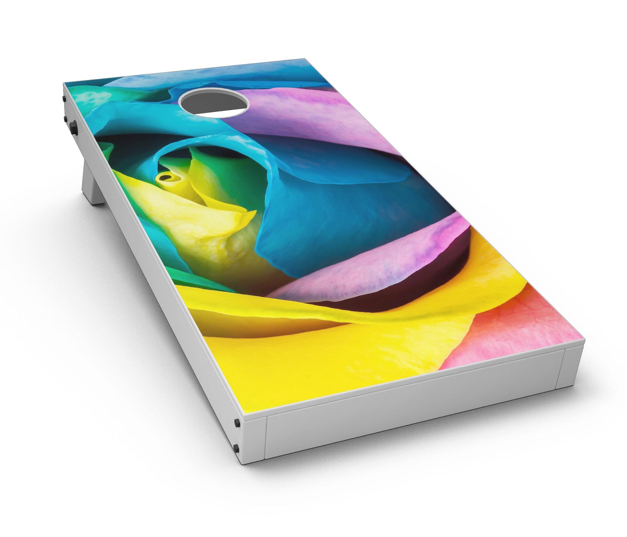 Rainbow Dyed Rose V3 CornHole Board Skin Decal Kit showcasing vibrant colors and design, perfect for customizing Cornhole boards.