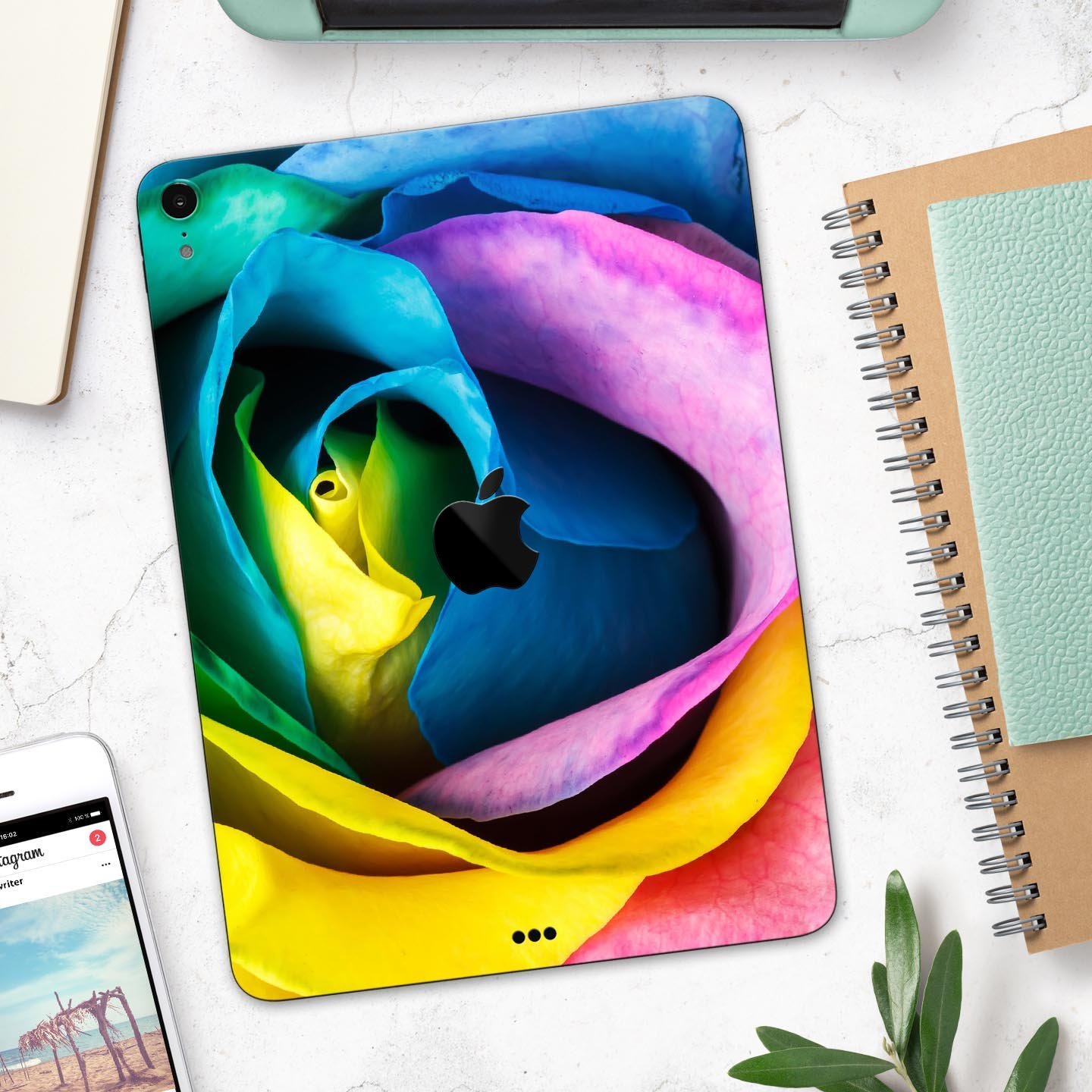 Rainbow Dyed Rose V3 skin decal for Apple iPad Pro, showcasing vibrant colors and premium 3M material for protection.