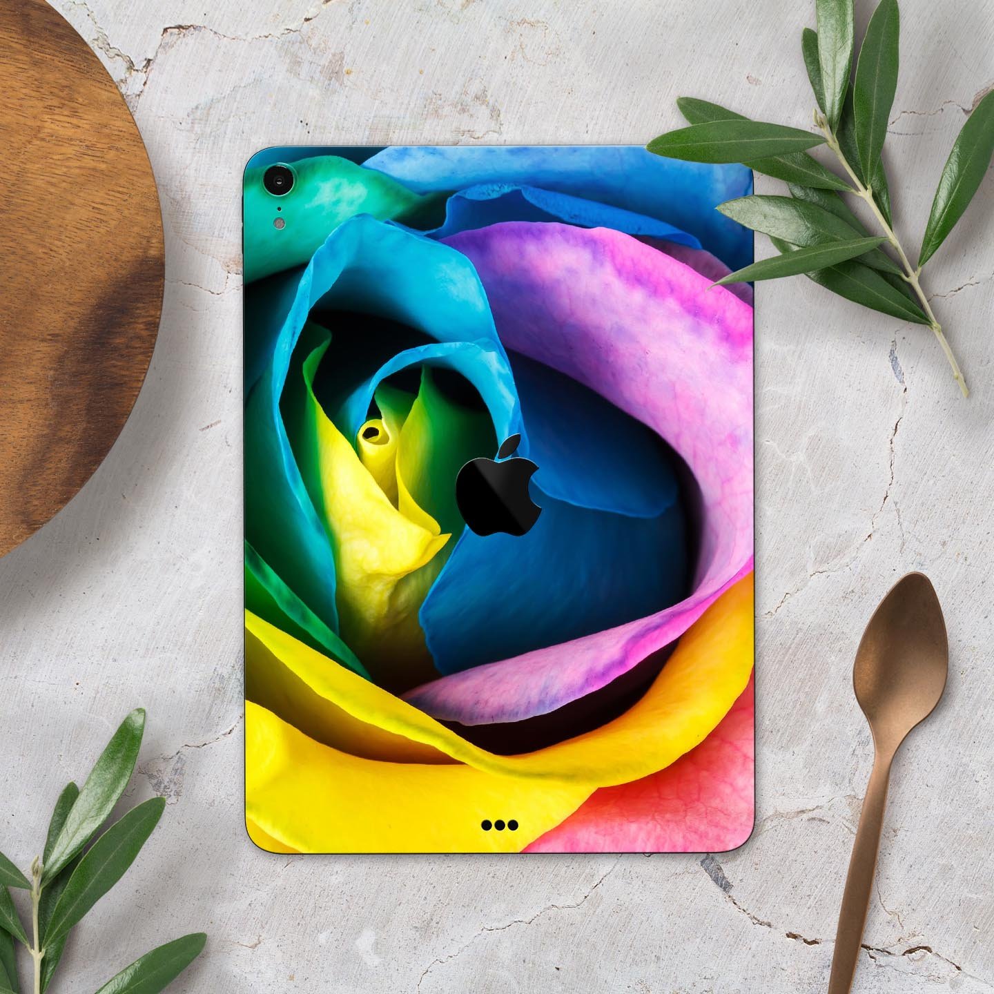 Rainbow Dyed Rose V3 skin decal for Apple iPad Pro, showcasing vibrant colors and premium 3M material for protection.