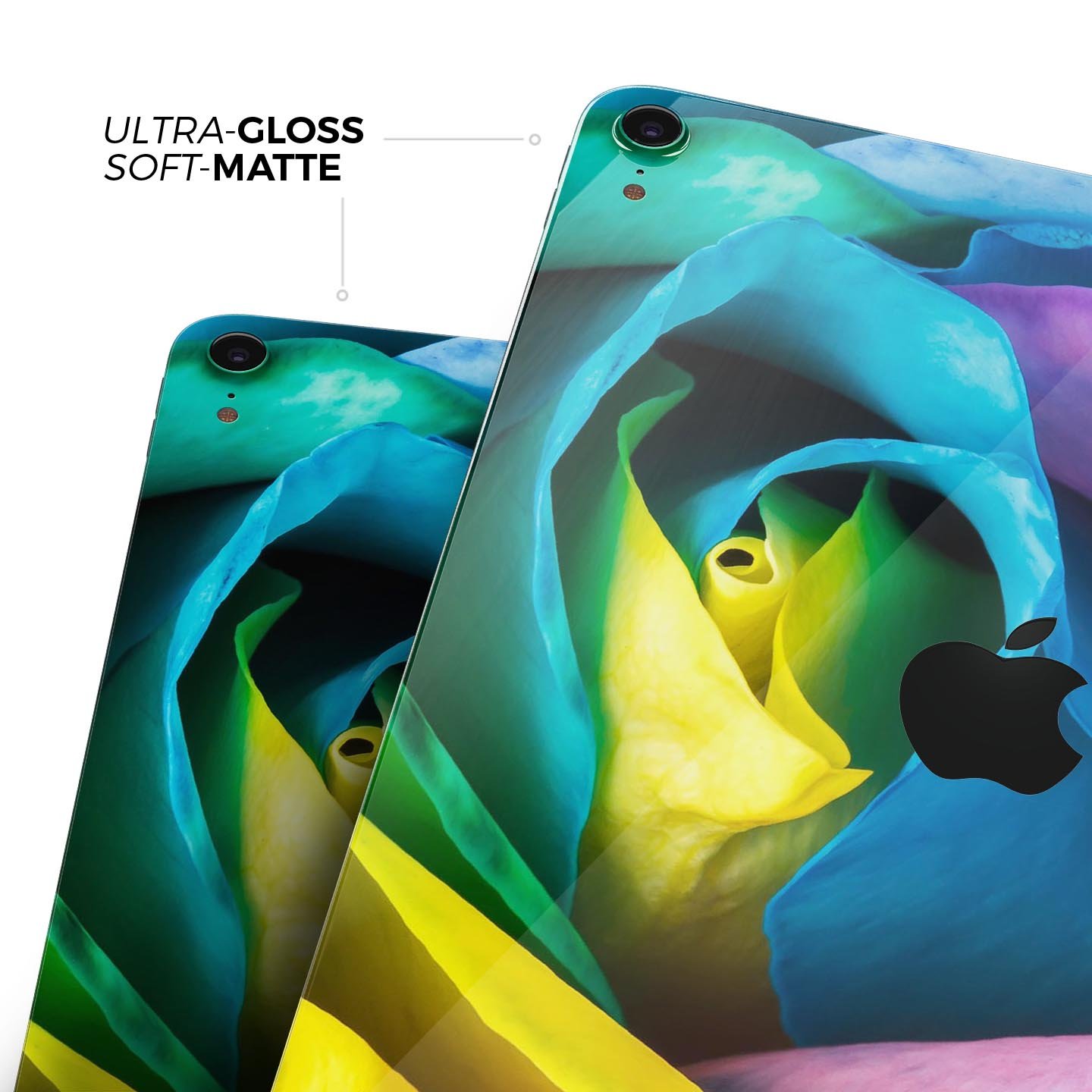 Rainbow Dyed Rose V3 skin decal for Apple iPad Pro, showcasing vibrant colors and premium 3M material for protection.