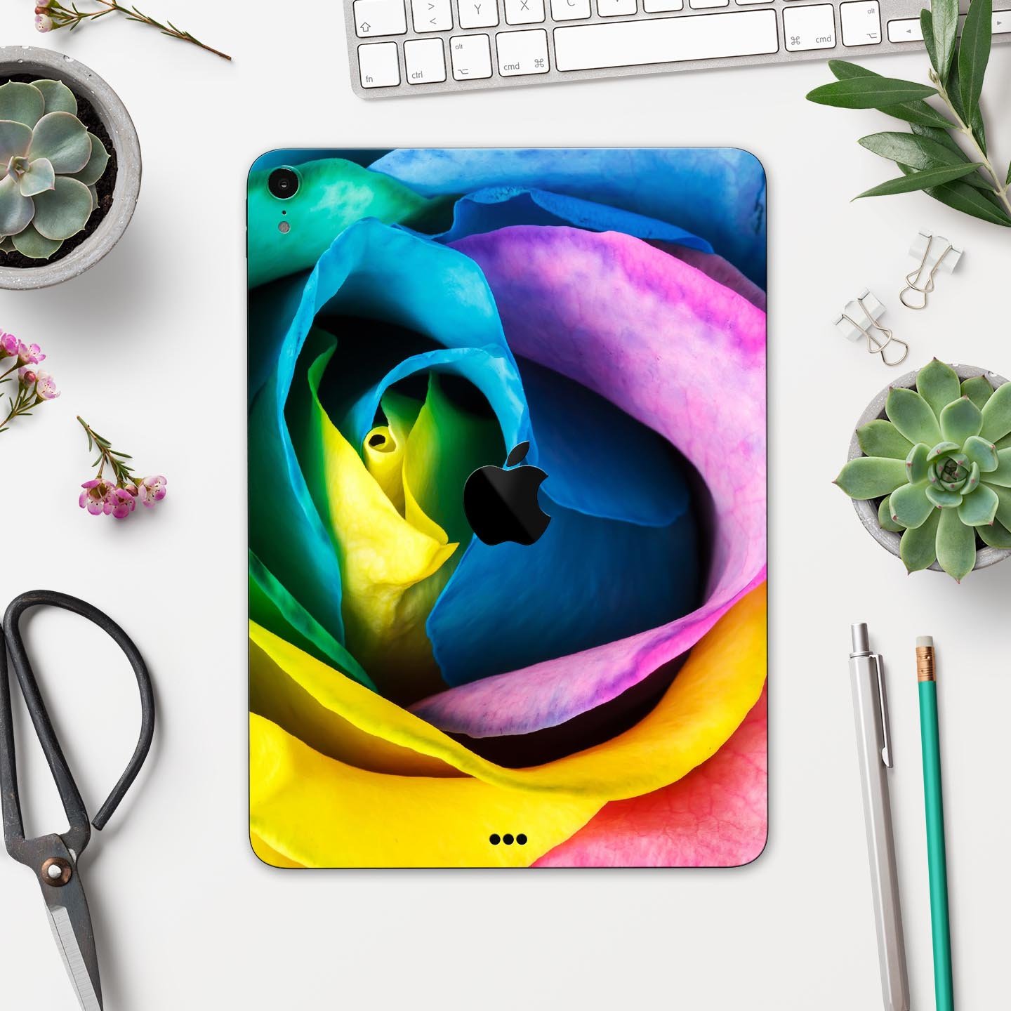 Rainbow Dyed Rose V3 skin decal for Apple iPad Pro, showcasing vibrant colors and premium 3M material for protection.