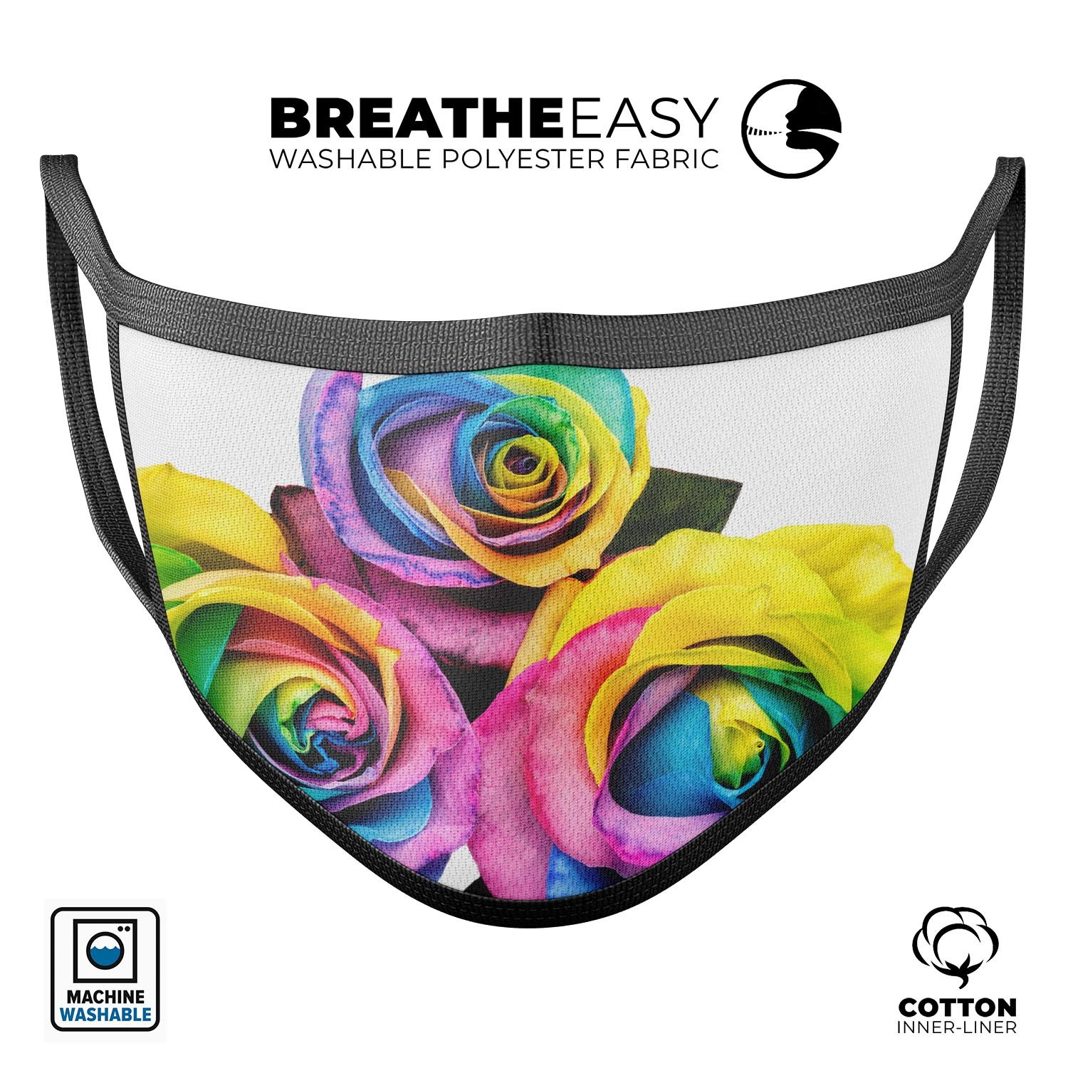 Colorful Rainbow Dyed Roses face mask made of cotton, featuring adjustable ear loops for a comfortable fit.