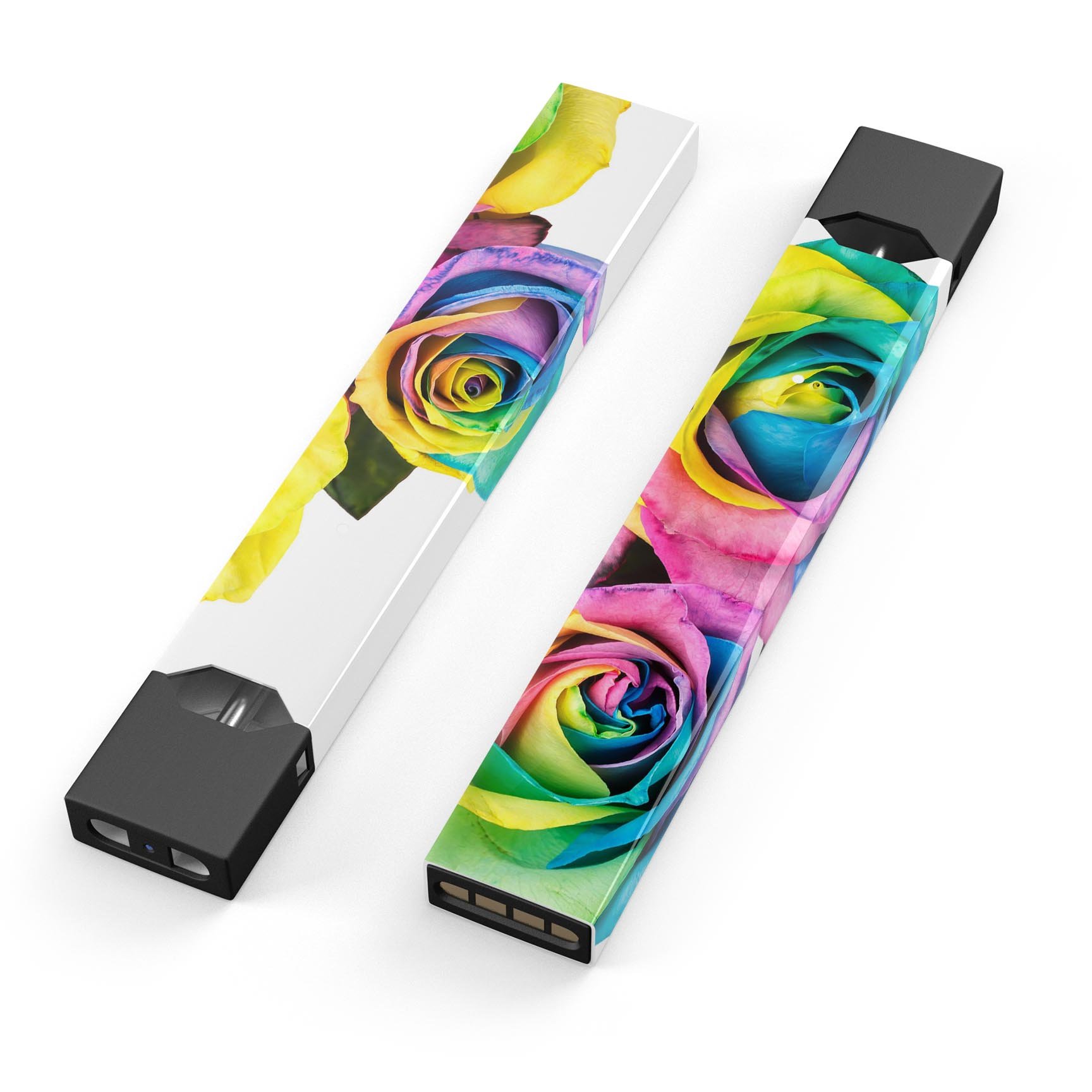 Colorful Rainbow Dyed Roses skin-wrap sticker designed for JUUL vaping device, showcasing vibrant floral patterns.