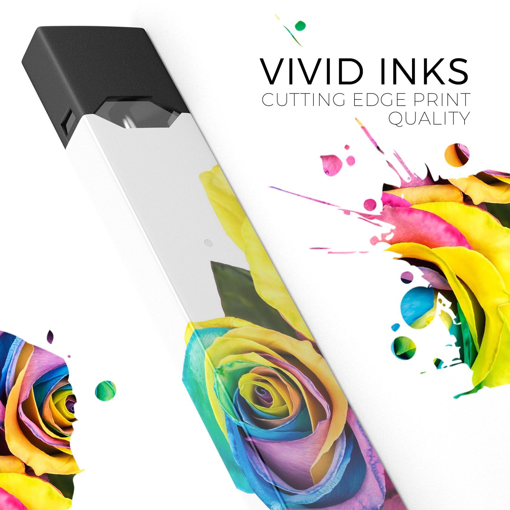 Colorful Rainbow Dyed Roses skin-wrap sticker designed for JUUL vaping device, showcasing vibrant floral patterns.