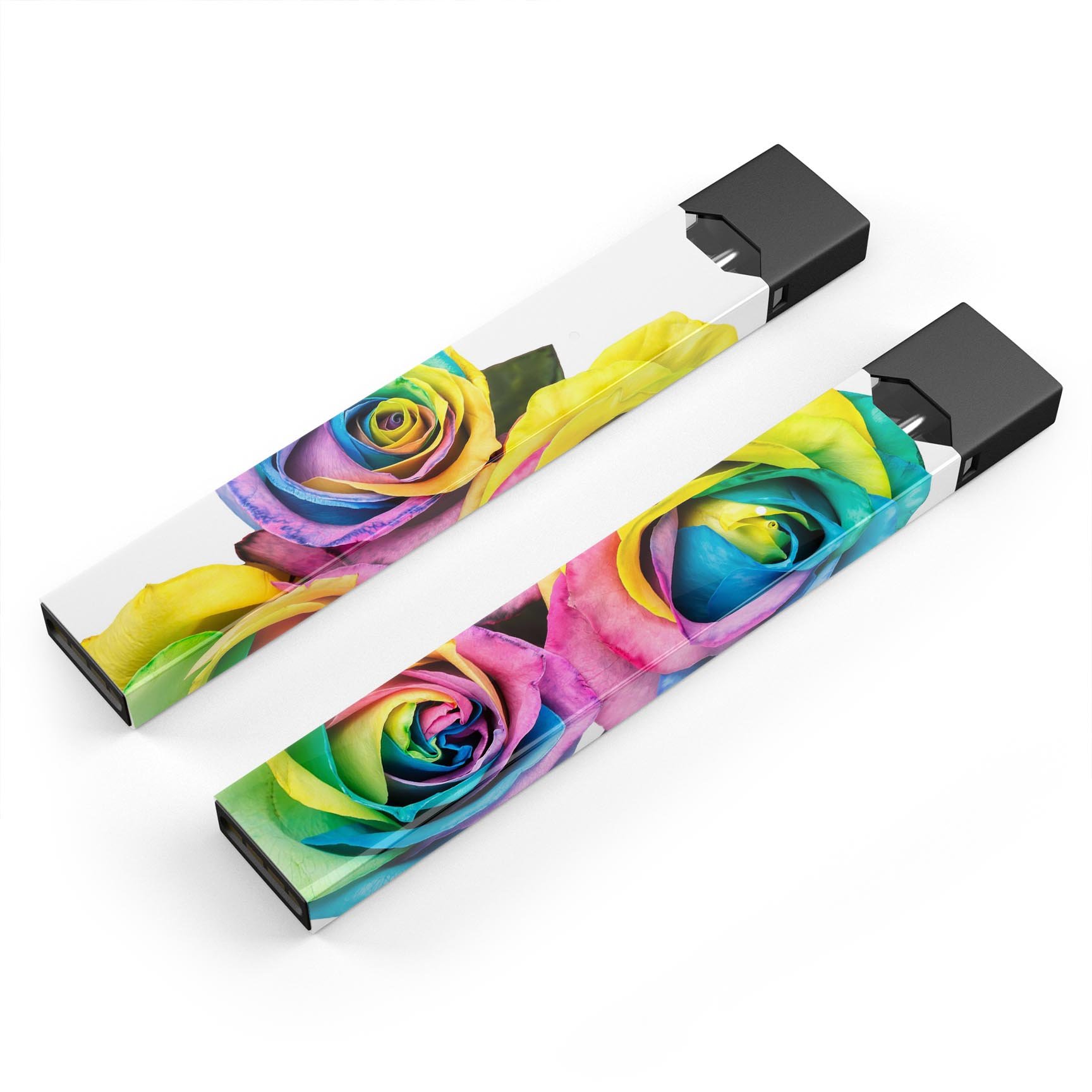 Colorful Rainbow Dyed Roses skin-wrap sticker designed for JUUL vaping device, showcasing vibrant floral patterns.