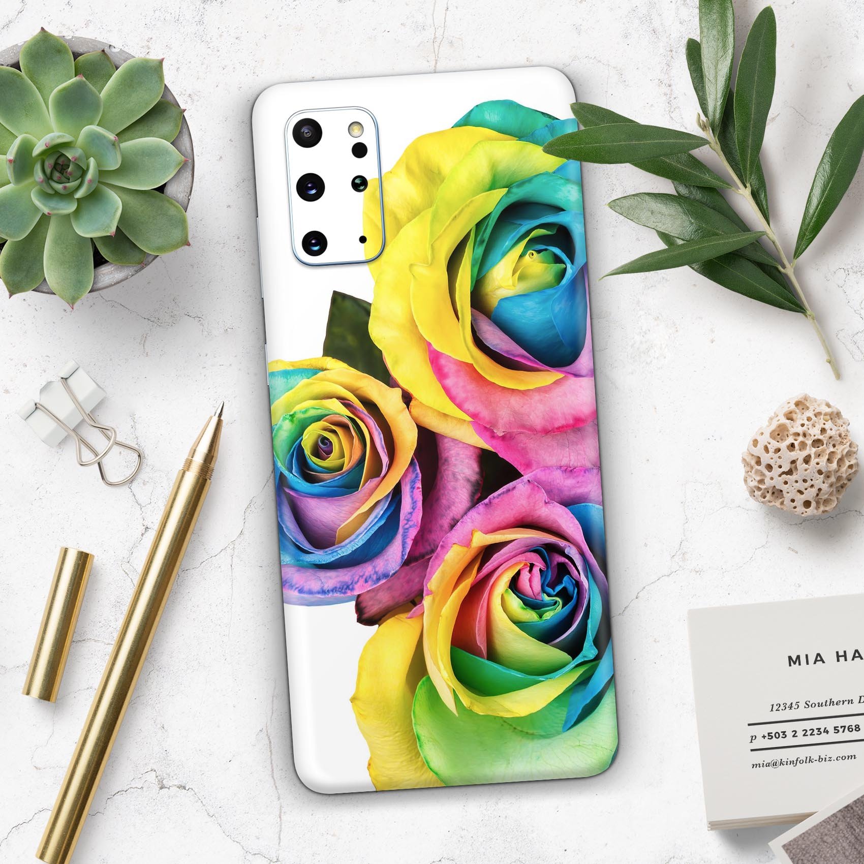 Rainbow Dyed Roses skin for Samsung Galaxy S20, showcasing vibrant colors and a sleek design.