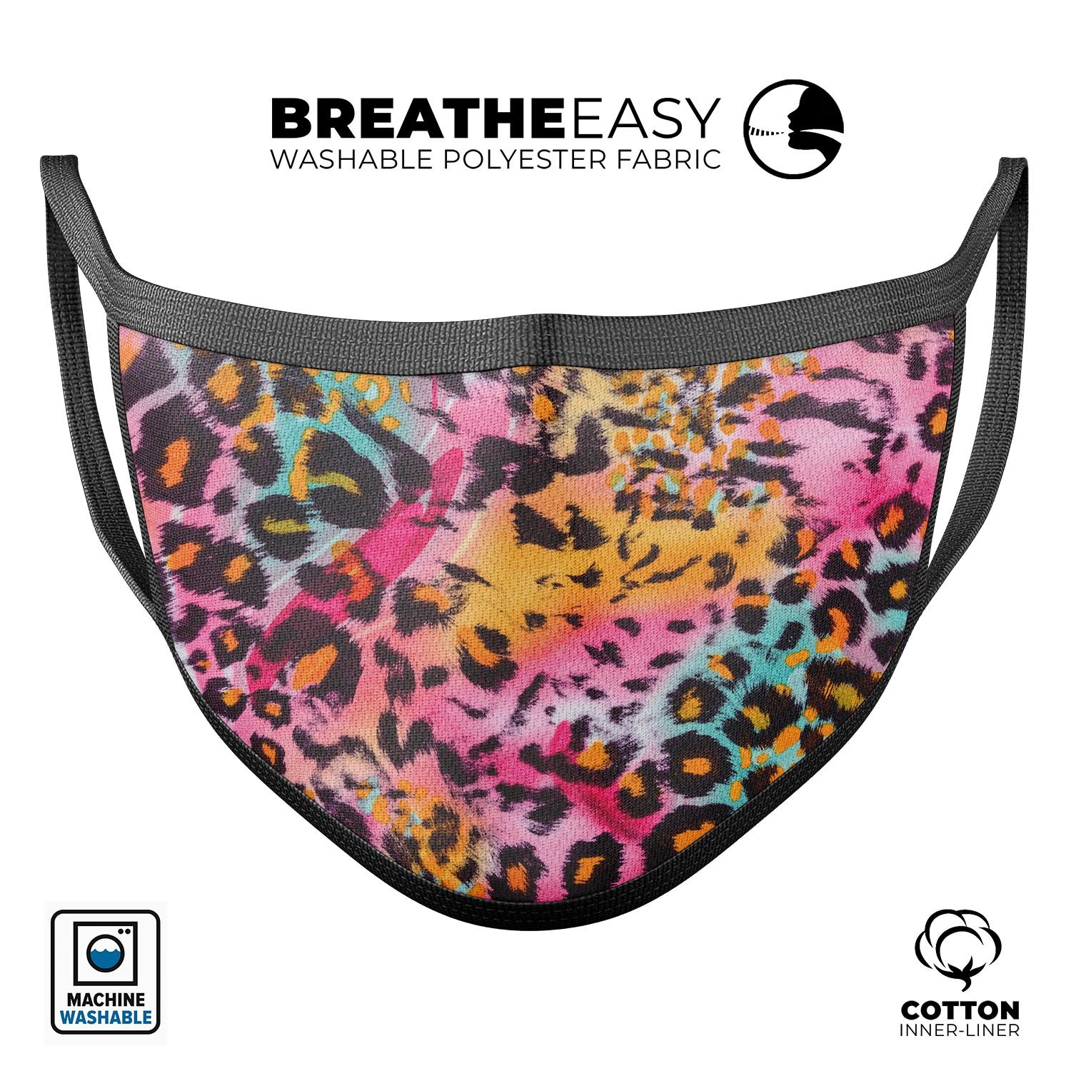 Rainbow Leopard Sherbert face mask, featuring a colorful leopard print design, made from soft cotton and adjustable ear loops for a comfortable fit.