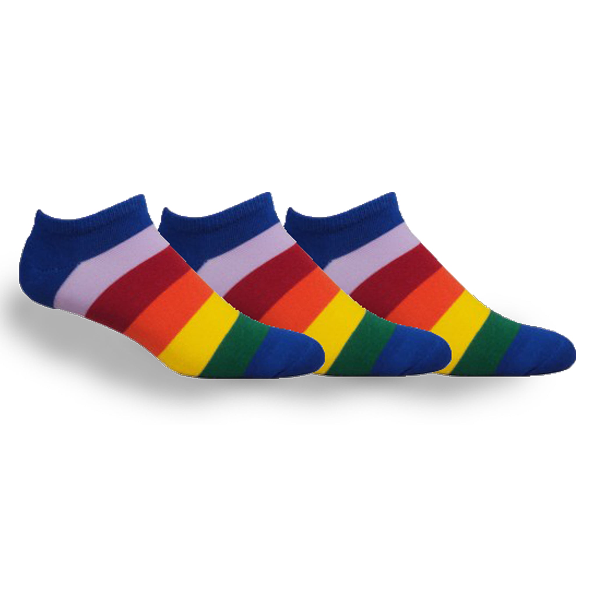 Colorful Rainbow Stripes Low Cut Socks showcasing vibrant colors and smooth knit texture, perfect for fitness and pride events.