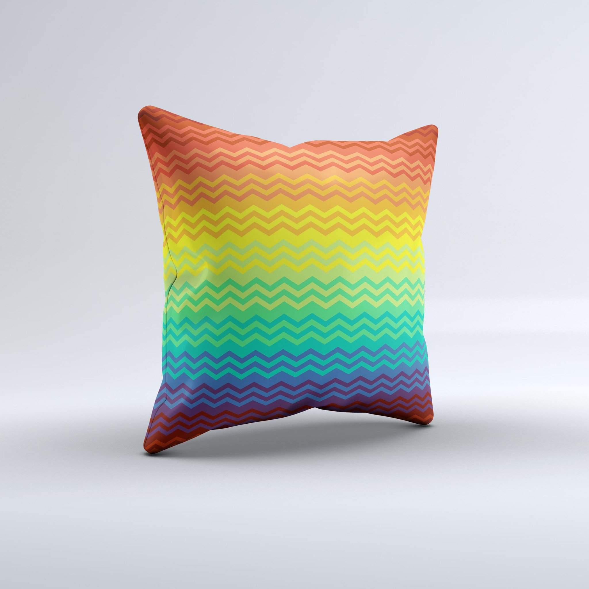 Colorful Rainbow Thin Lined Chevron Pattern Decorative Throw Pillow with a soft poly/cotton fabric and plush polyester filling, handcrafted in Virginia.