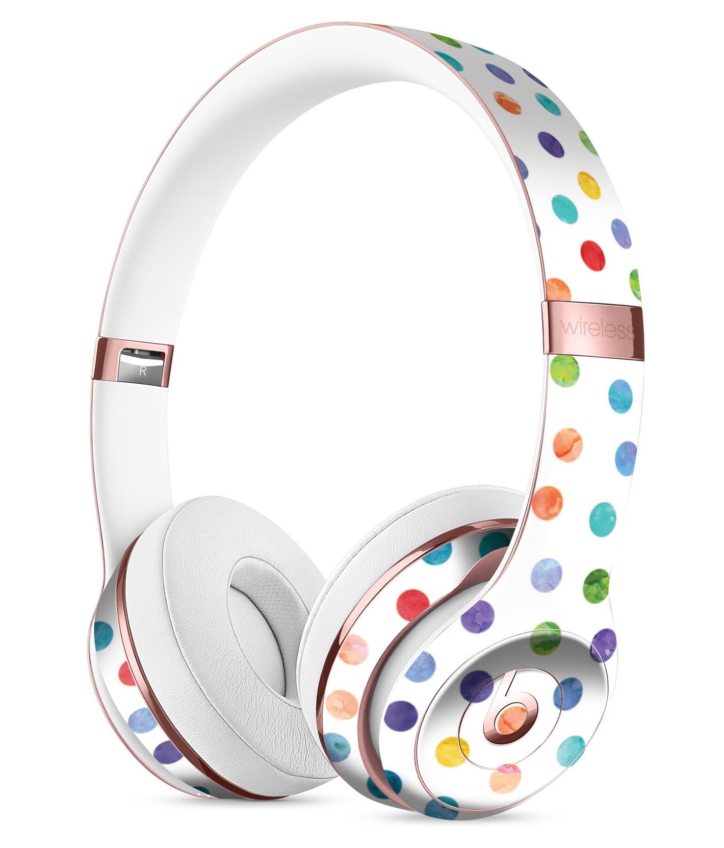 Rainbow Watercolor Dots skin for Beats by Dre Solo 3 Wireless headphones, showcasing vibrant colors and a stylish design.