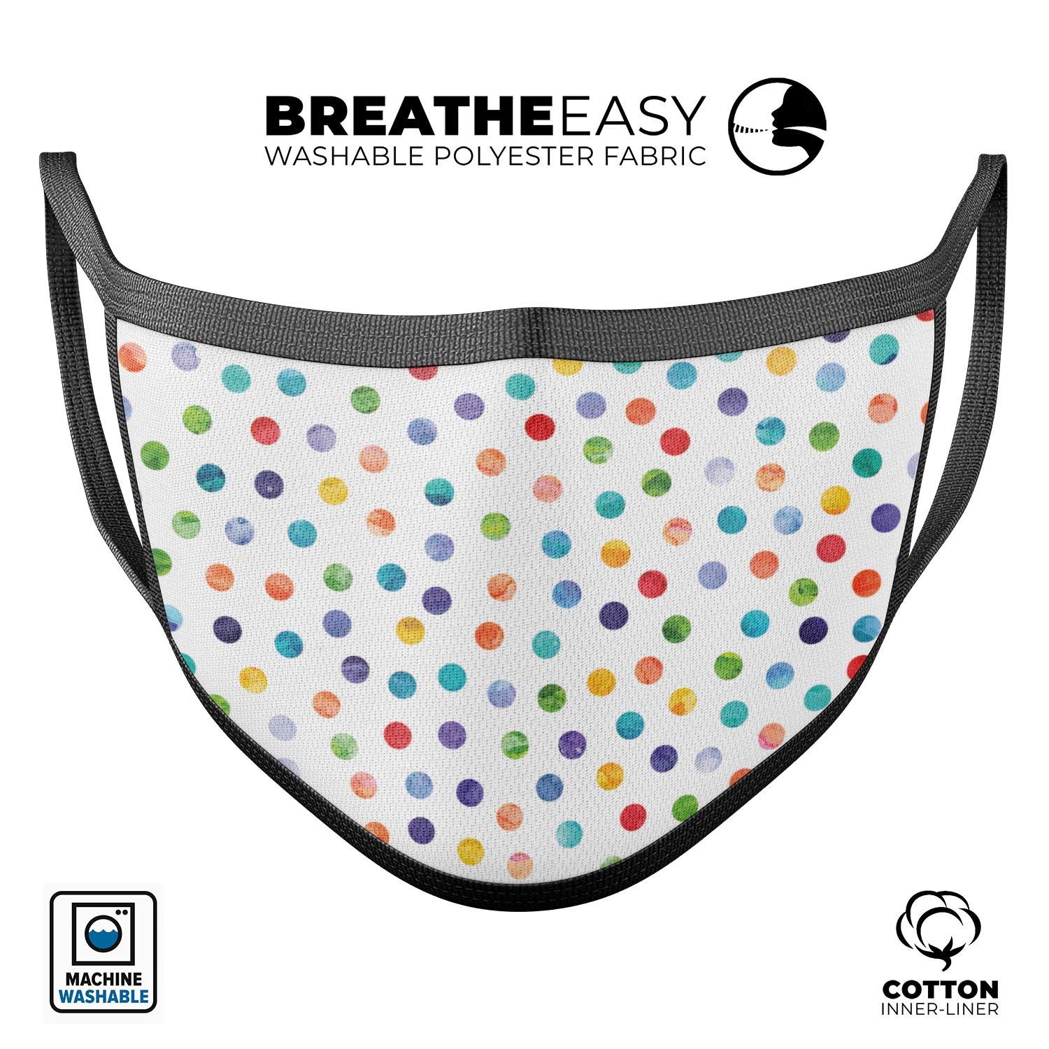 Rainbow Watercolor Dots face mask, featuring a vibrant design on a white background, made of 100% cotton and adjustable ear-loop bands.