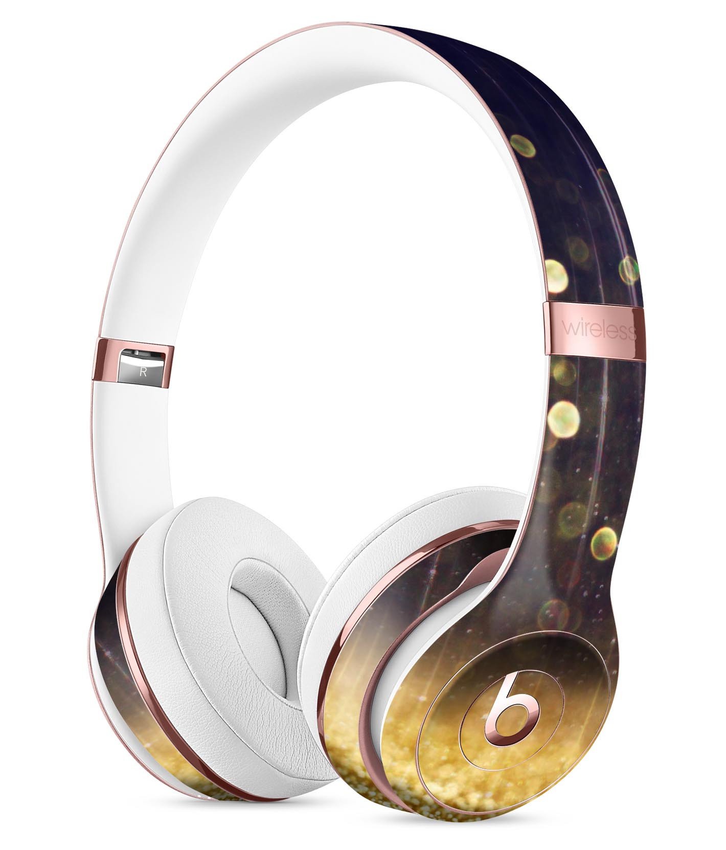 Raining Gold and Purple Sparkle Skin Kit for Beats by Dre Solo 3 Wireless Headphones, showcasing vibrant colors and a stylish design.