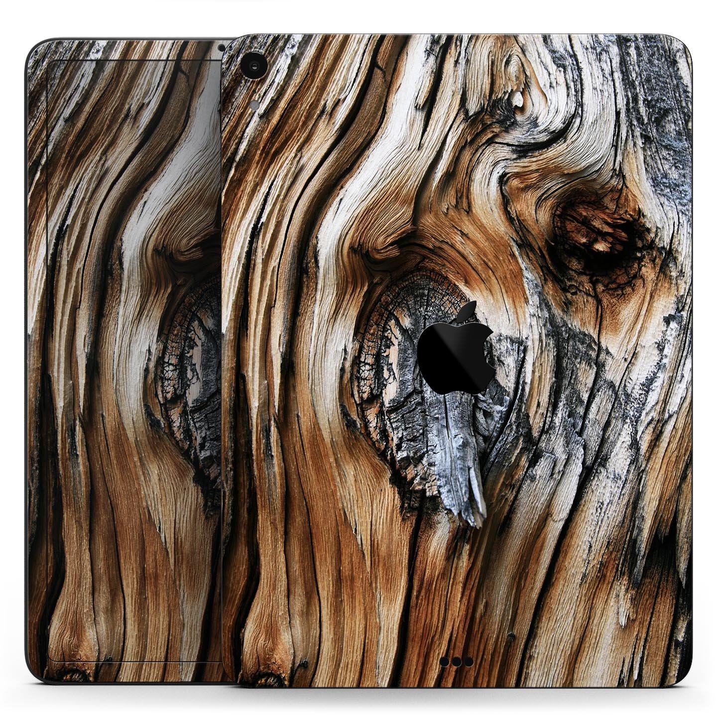 Raw Aged Knobby Wood skin decal for Apple iPad Pro, showcasing its unique wood texture and premium finish.