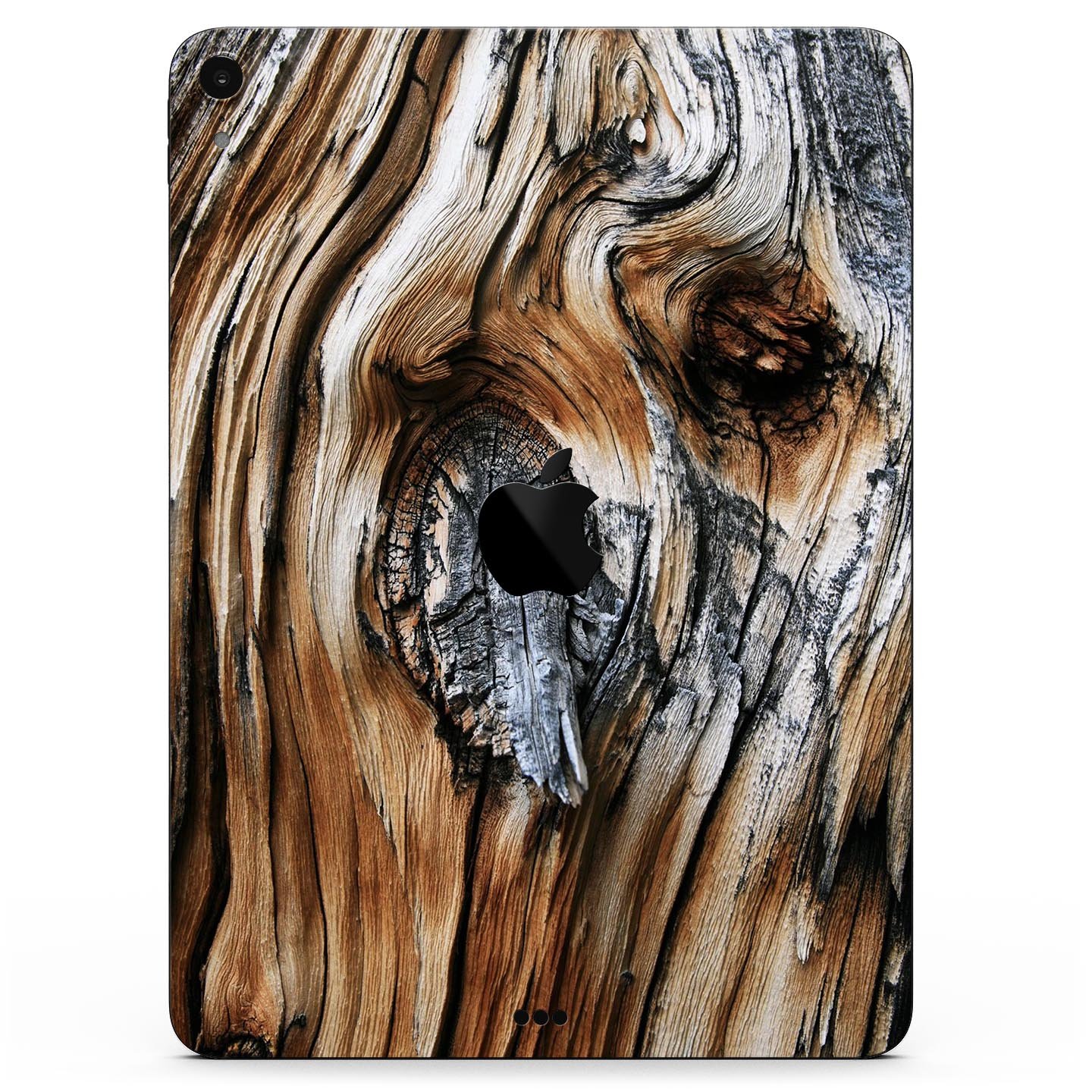 Raw Aged Knobby Wood skin decal for Apple iPad Pro, showcasing its unique wood texture and premium finish.