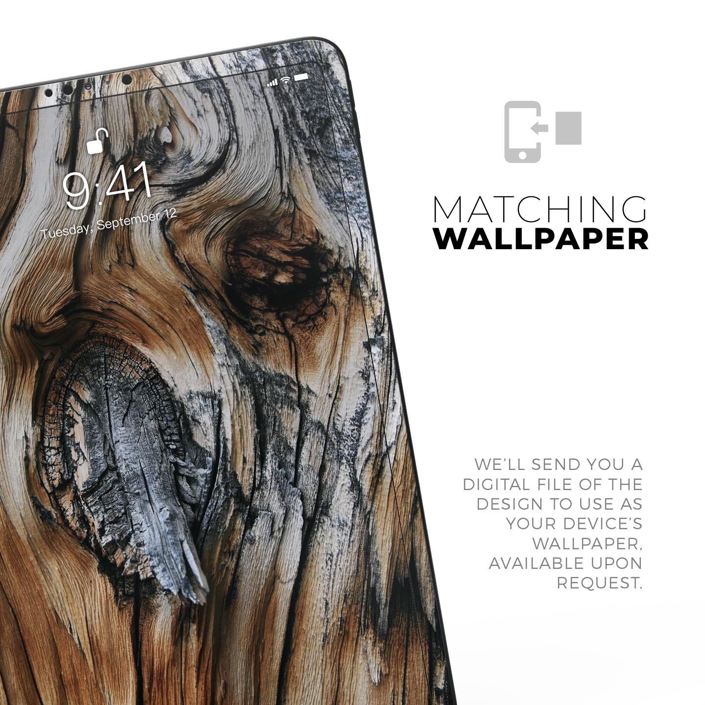 Raw Aged Knobby Wood skin decal for Apple iPad Pro, showcasing its unique wood texture and premium finish.