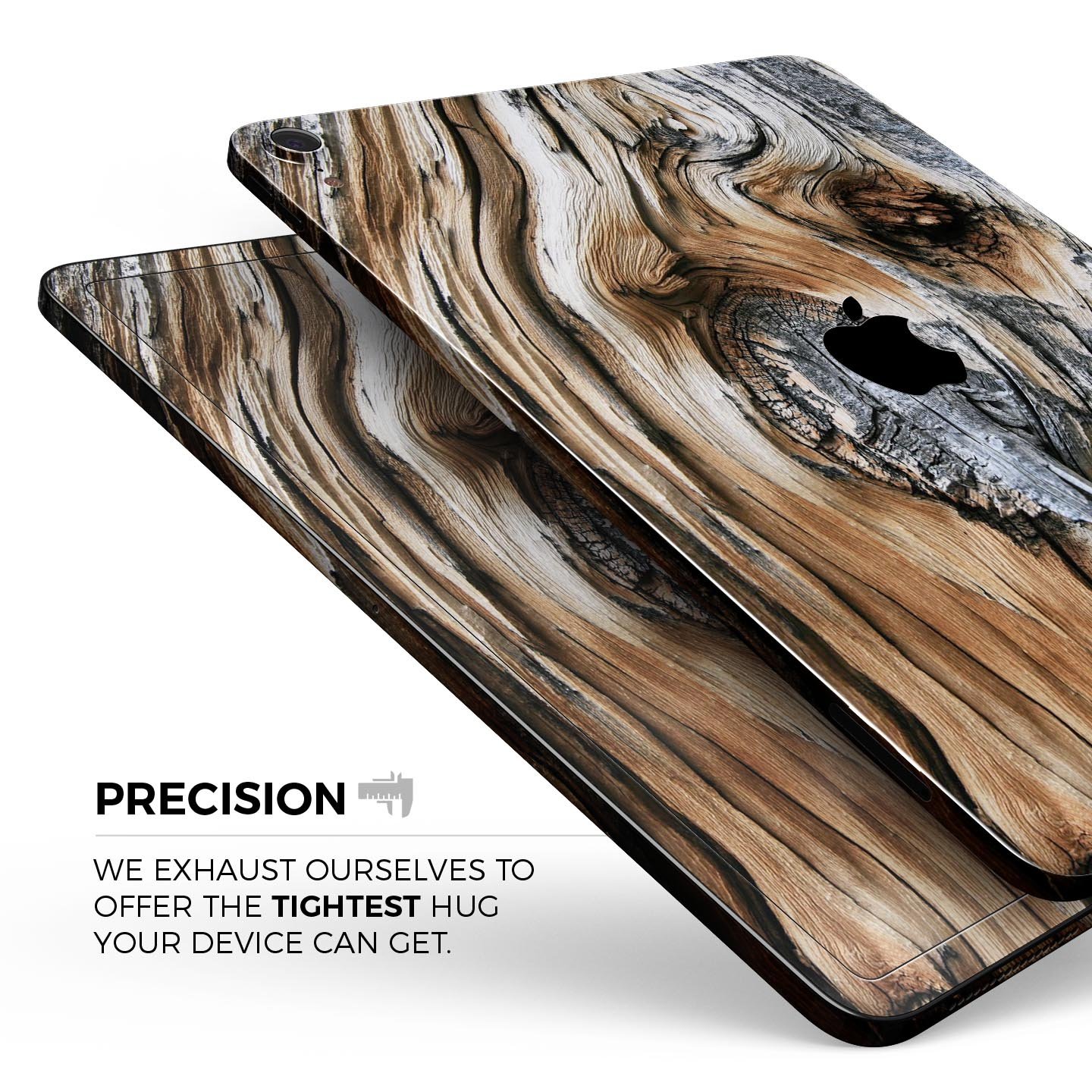 Raw Aged Knobby Wood skin decal for Apple iPad Pro, showcasing its unique wood texture and premium finish.