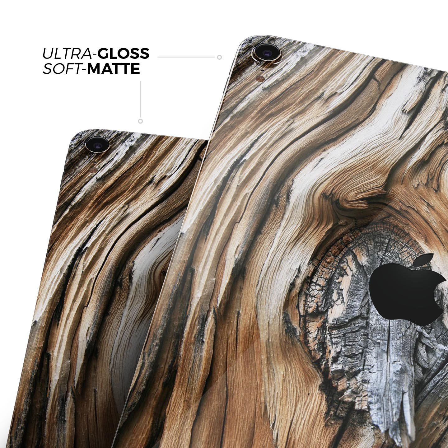 Raw Aged Knobby Wood skin decal for Apple iPad Pro, showcasing its unique wood texture and premium finish.