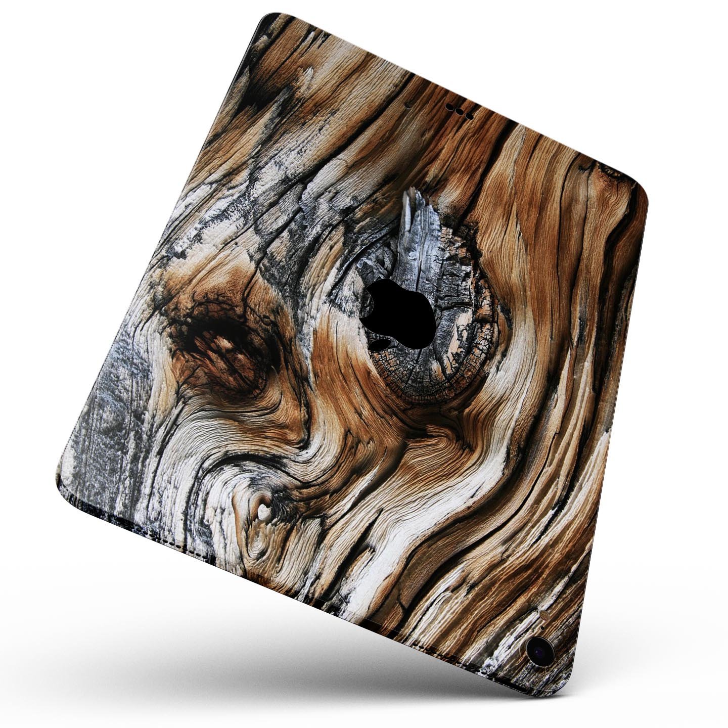 Raw Aged Knobby Wood skin decal for Apple iPad Pro, showcasing its unique wood texture and premium finish.