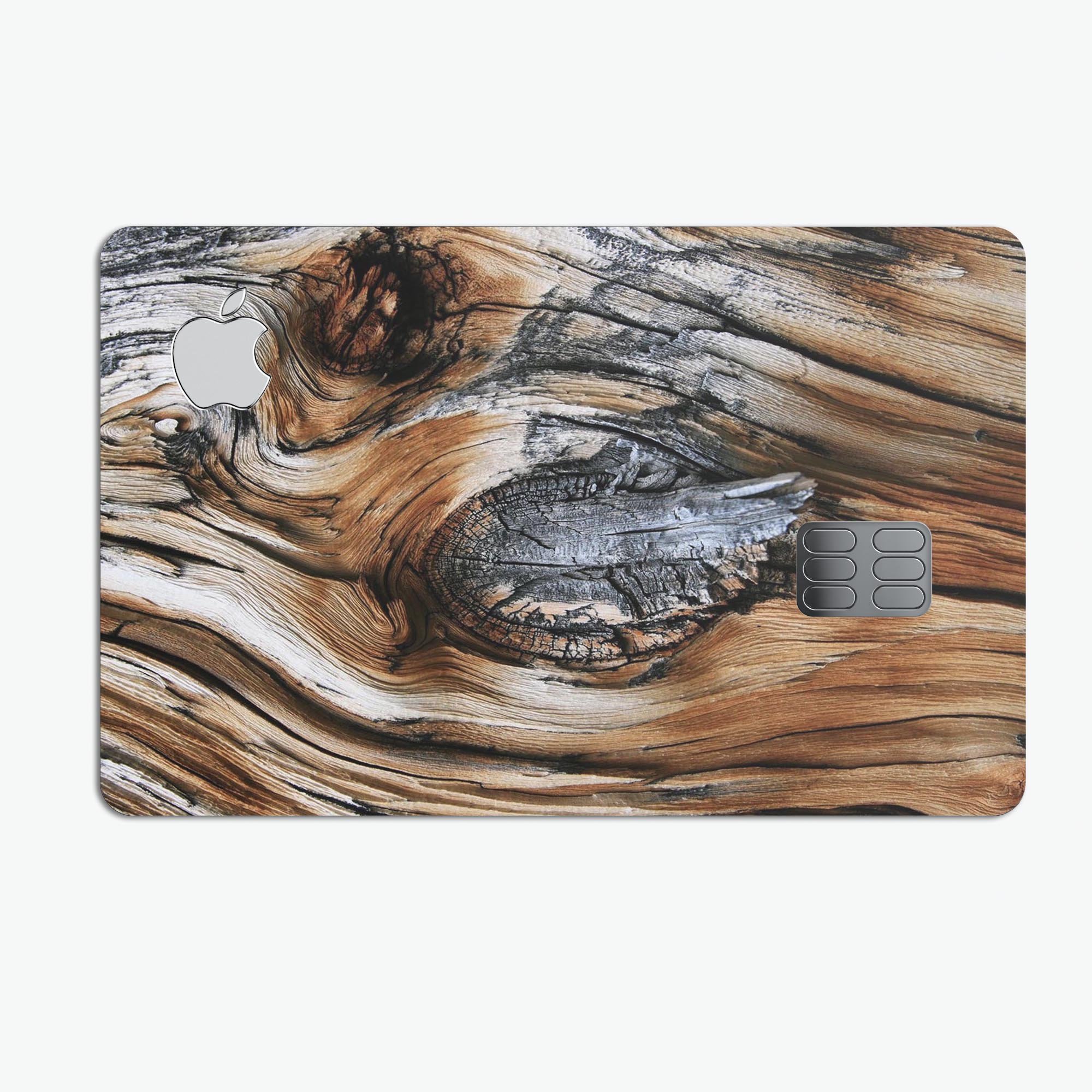 Raw Aged Knobby Wood skin kit for Apple Card, showcasing premium vinyl design and finishes.