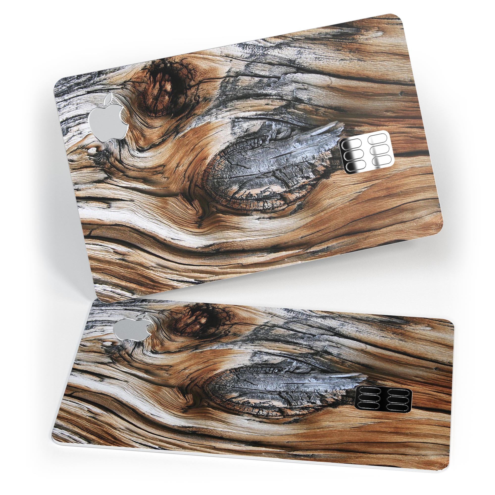 Raw Aged Knobby Wood skin kit for Apple Card, showcasing premium vinyl design and finishes.