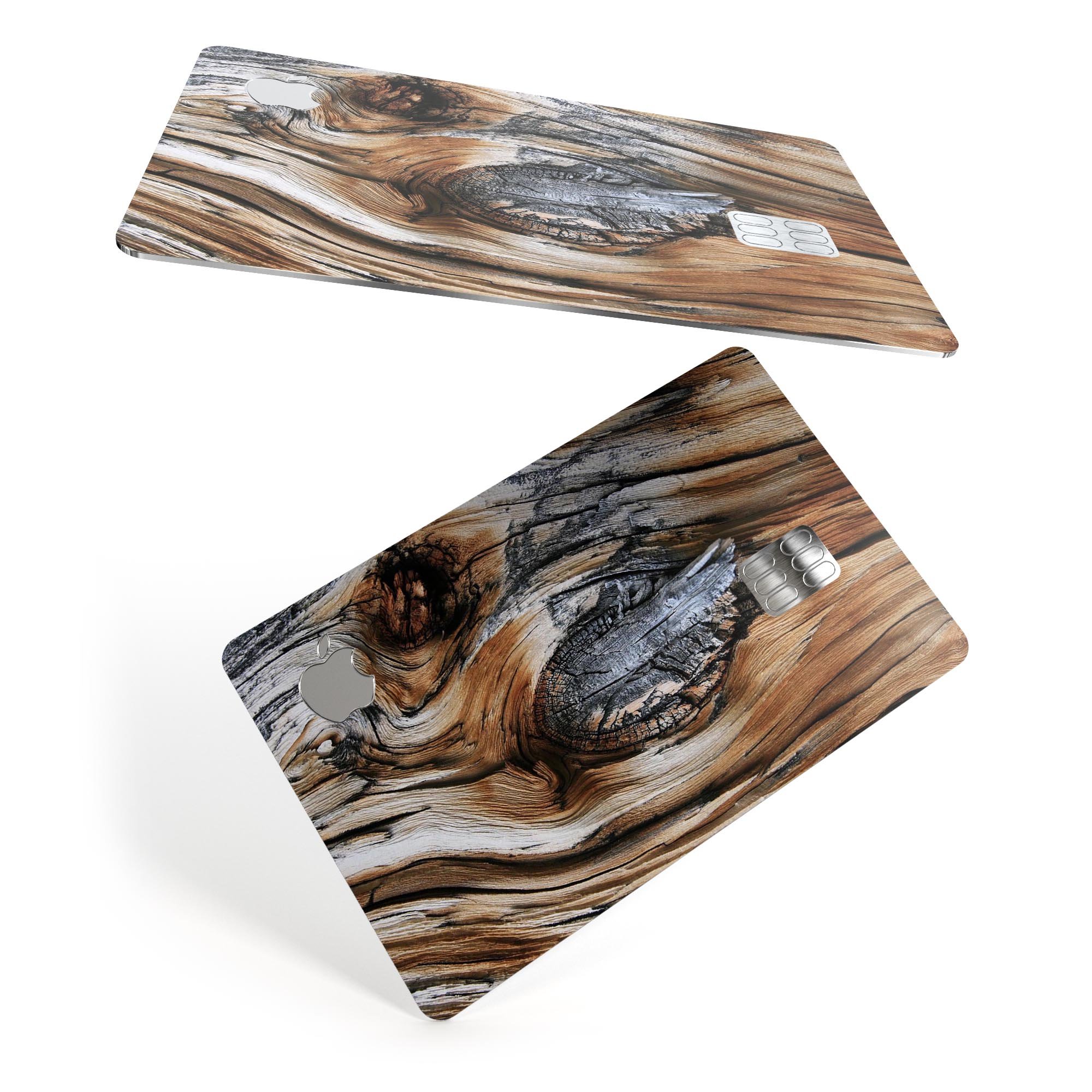 Raw Aged Knobby Wood skin kit for Apple Card, showcasing premium vinyl design and finishes.