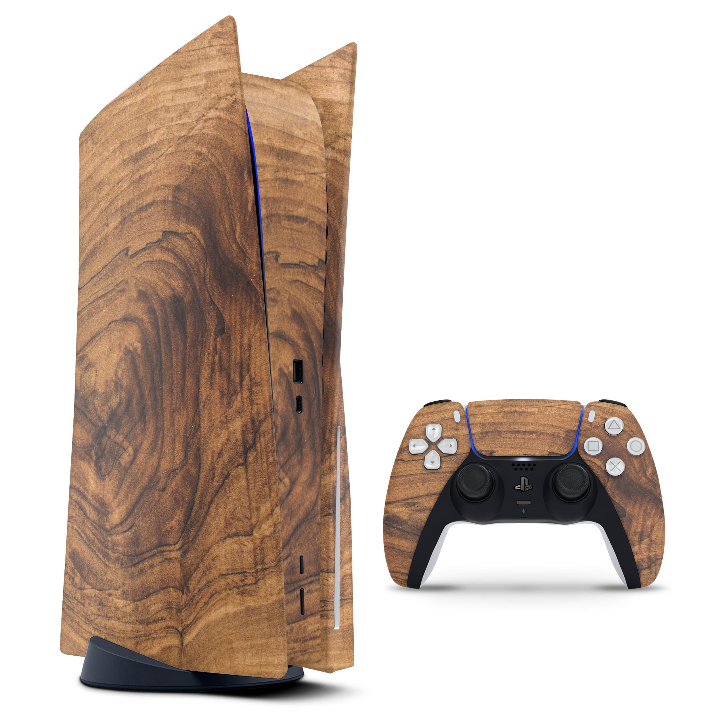 Raw Wood Planks V11 skin decal wrap kit for Sony Playstation 5, showcasing a rustic wood design that fits snugly on the console.