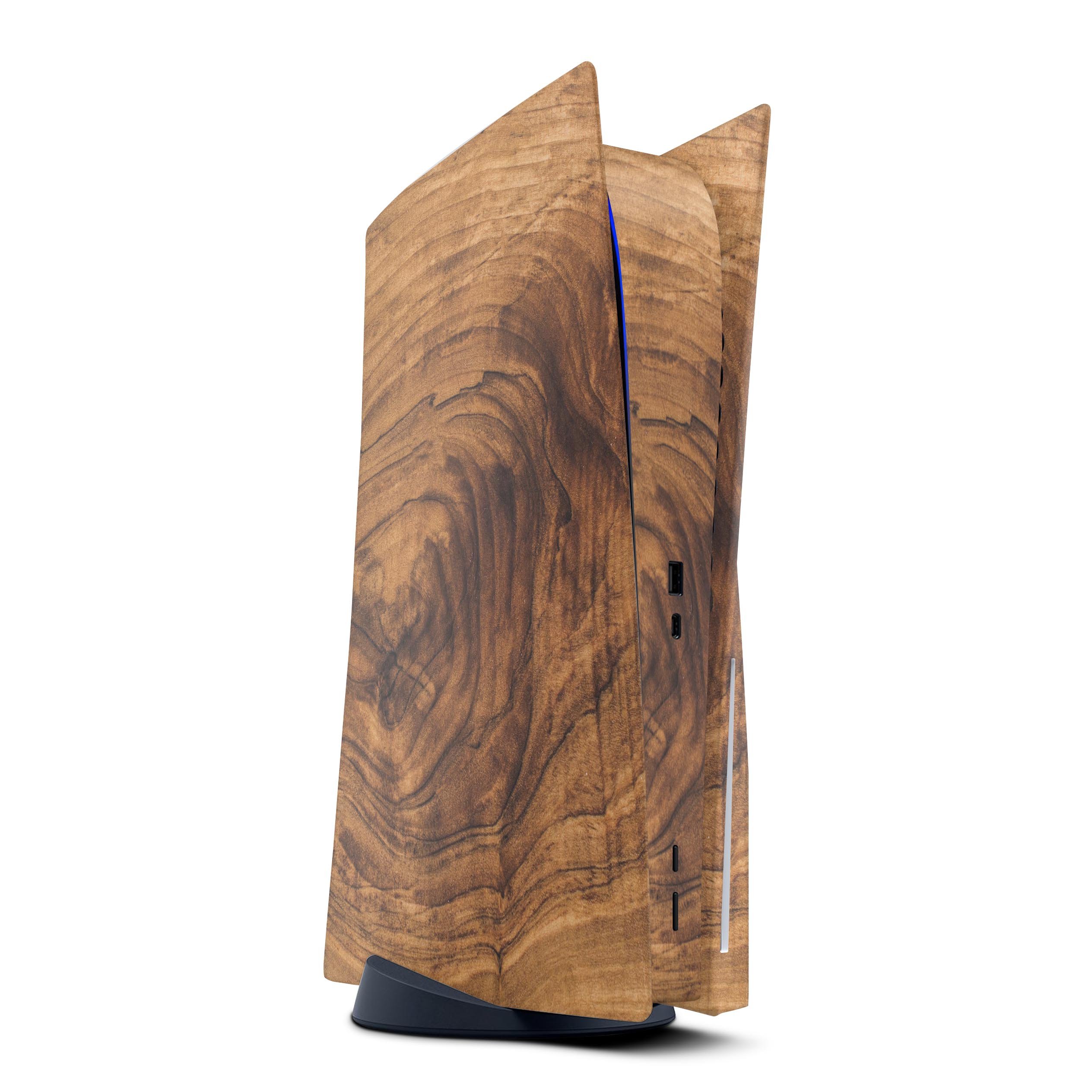 Raw Wood Planks V11 skin decal wrap kit for Sony Playstation 5, showcasing a rustic wood design that fits snugly on the console.