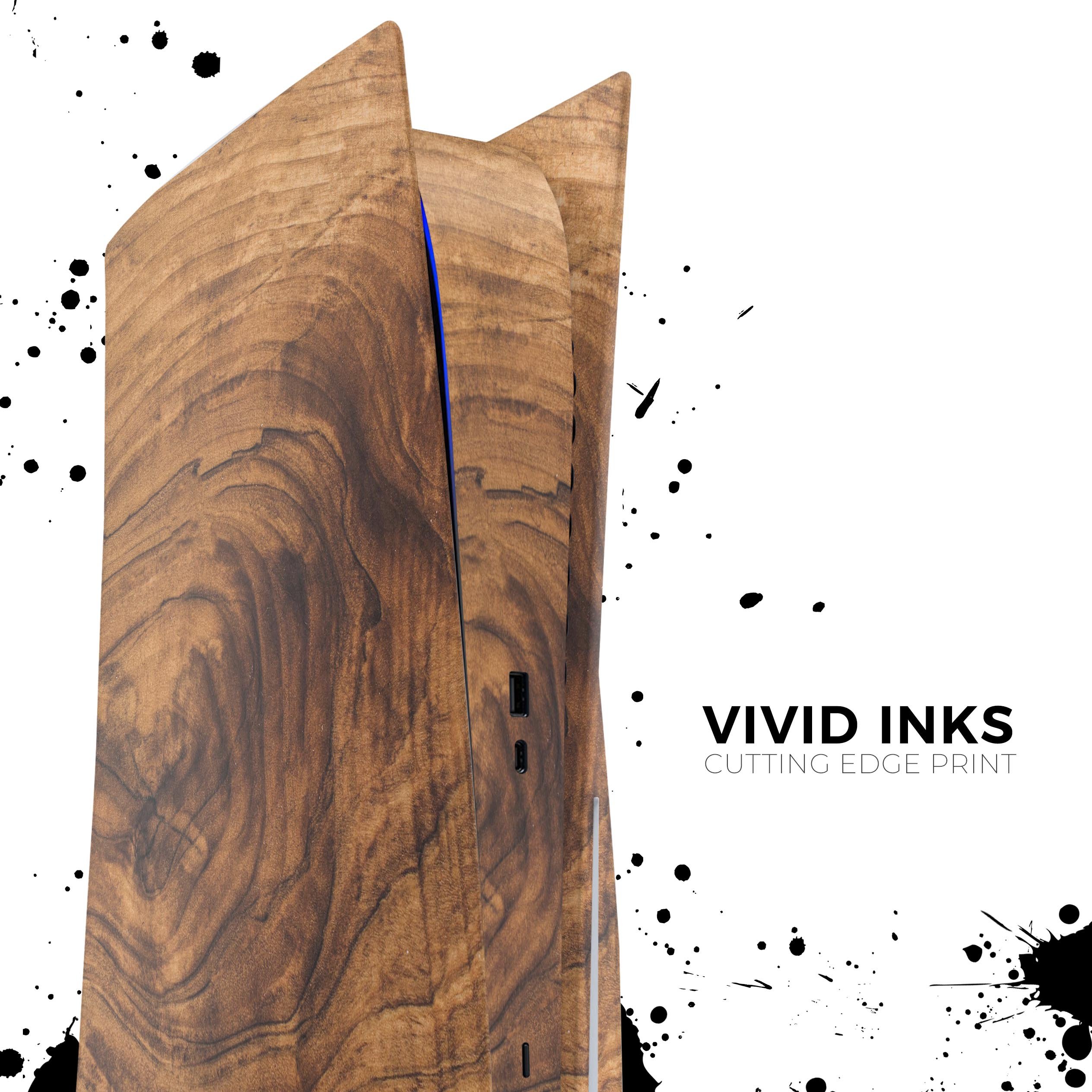 Raw Wood Planks V11 skin decal wrap kit for Sony Playstation 5, showcasing a rustic wood design that fits snugly on the console.