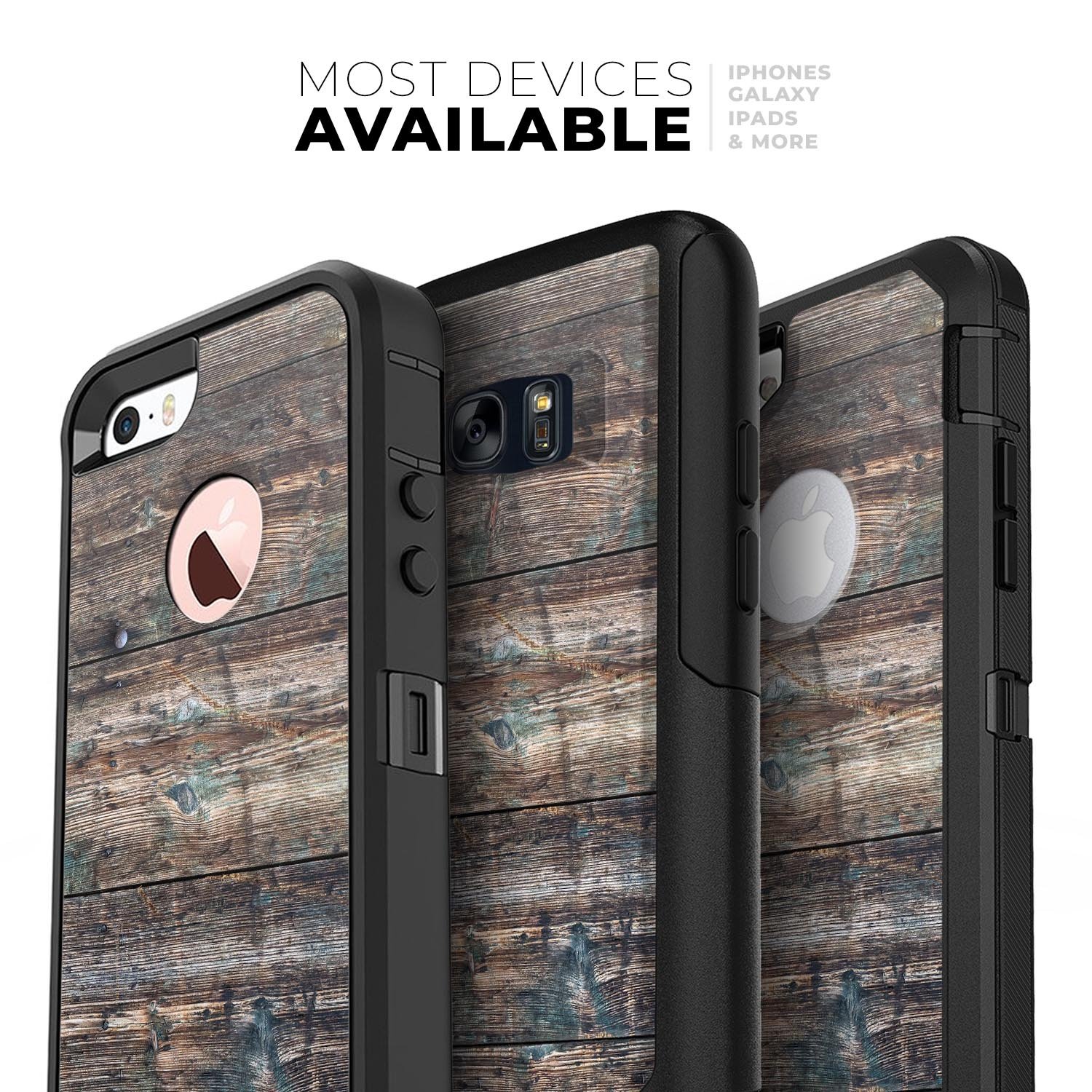 Raw Wood Planks V1 Skin Kit for iPhone OtterBox Cases, showcasing a natural wood design with a premium finish.