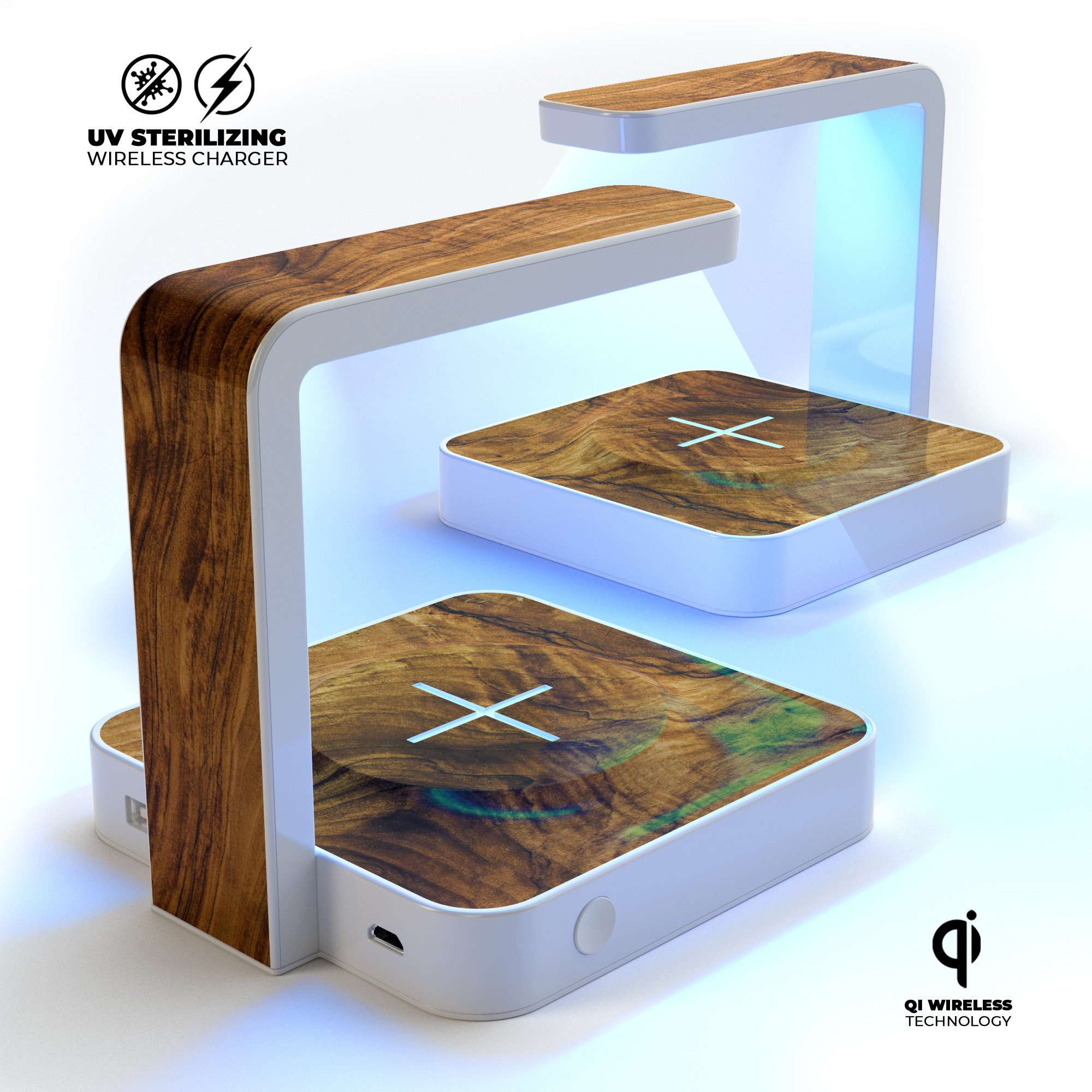 Raw Wood Planks V11 UV Germicidal Sanitizing Wireless Charger with decorative skin, USB cable, and phone sterilizing features.