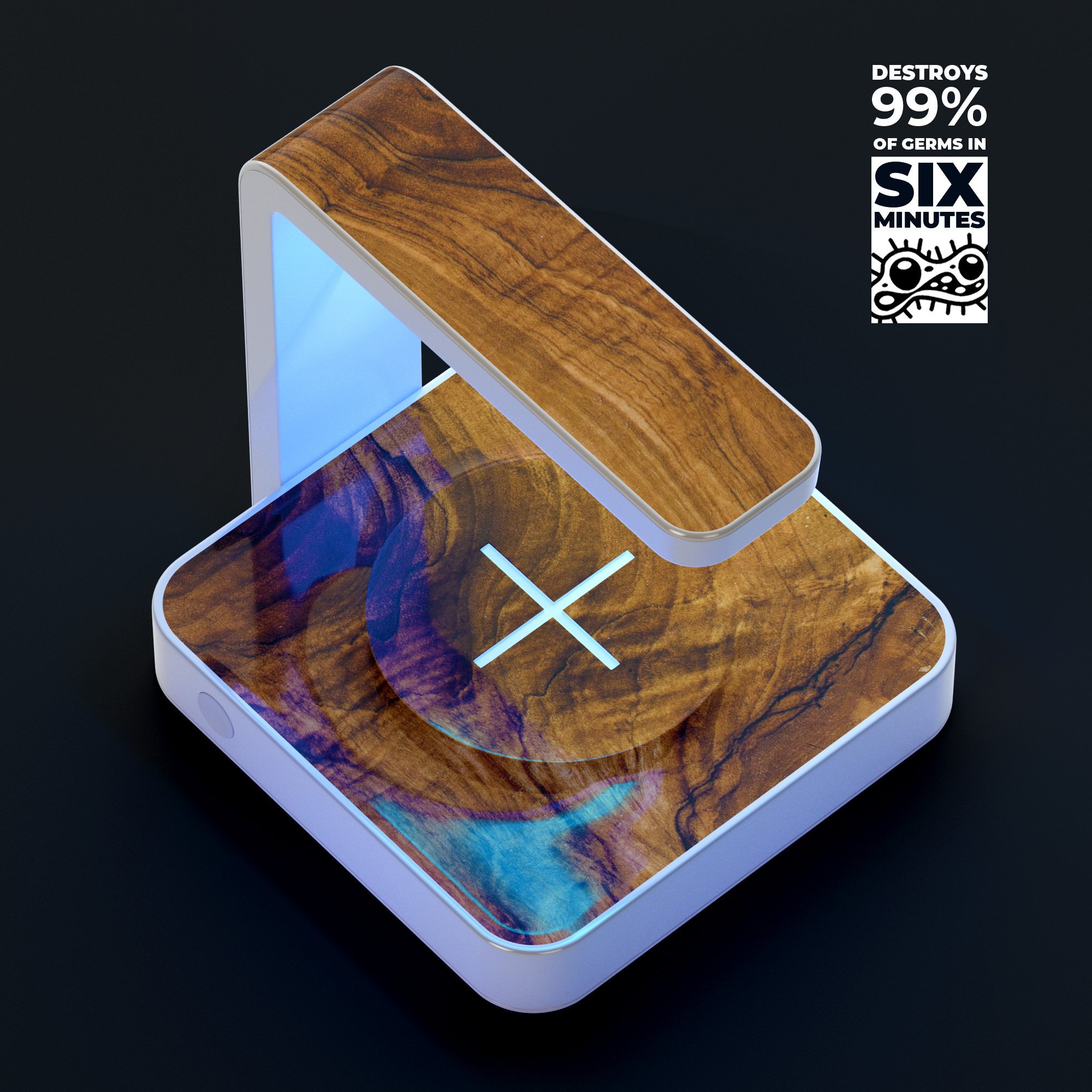 Raw Wood Planks V11 UV Germicidal Sanitizing Wireless Charger with decorative skin, USB cable, and phone sterilizing features.