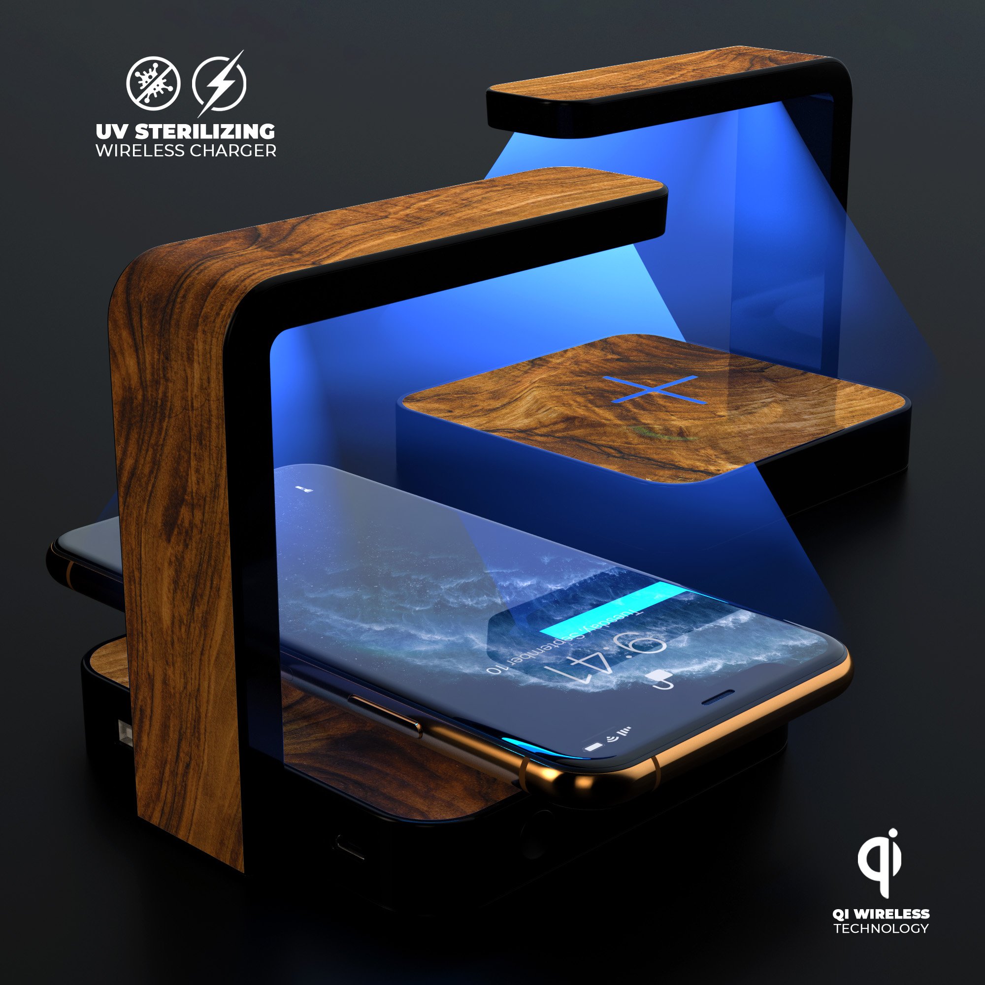 Raw Wood Planks V11 UV Germicidal Sanitizing Wireless Charger with decorative skin, USB cable, and phone sterilizing features.