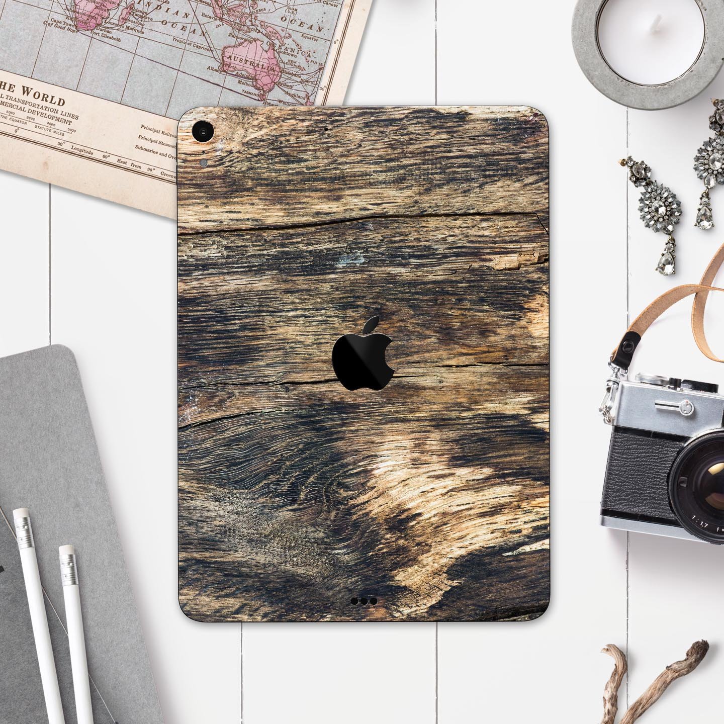 Raw Wood Planks V12 skin decal for Apple iPad Pro, showcasing a rustic wood design with a smooth finish.