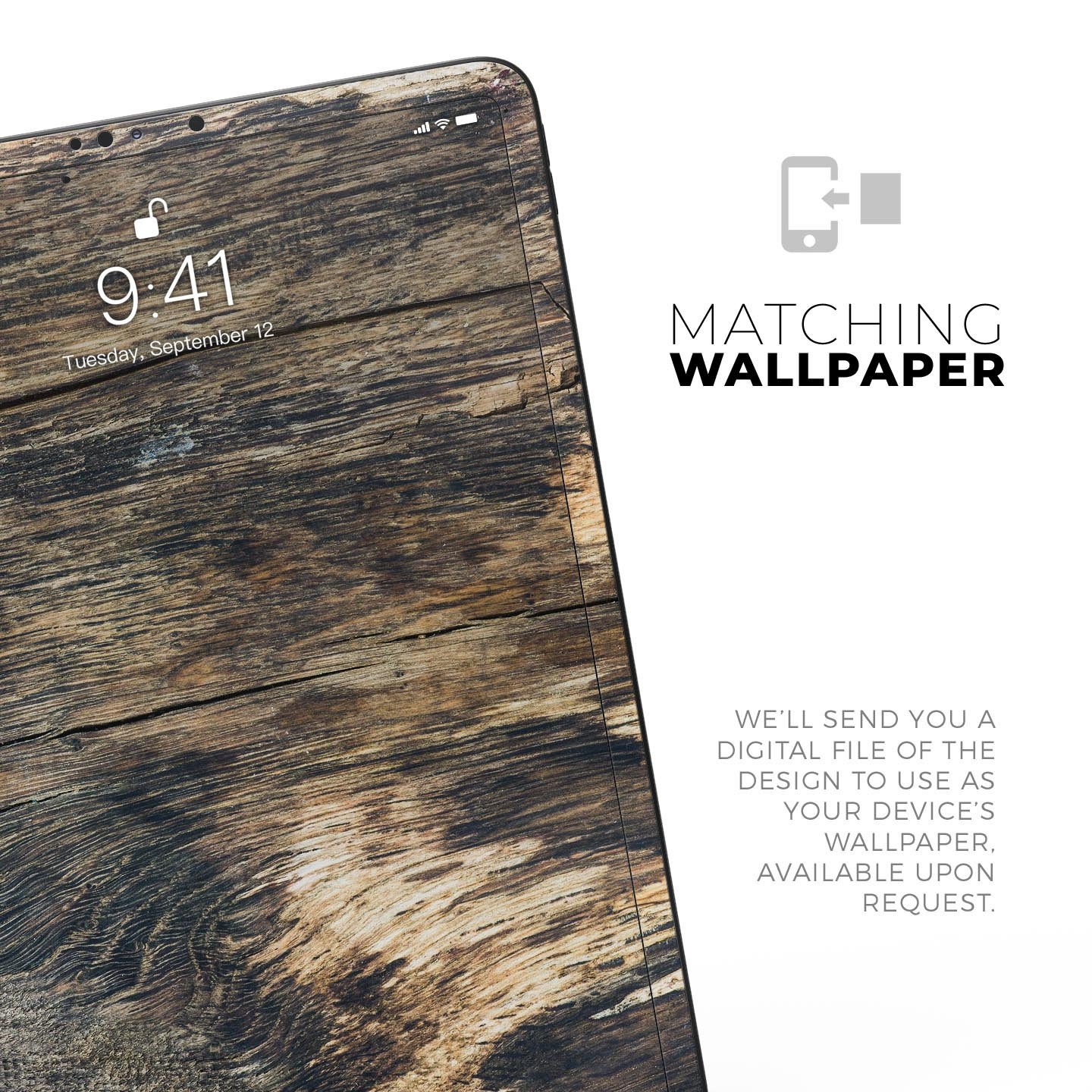 Raw Wood Planks V12 skin decal for Apple iPad Pro, showcasing a rustic wood design with a smooth finish.