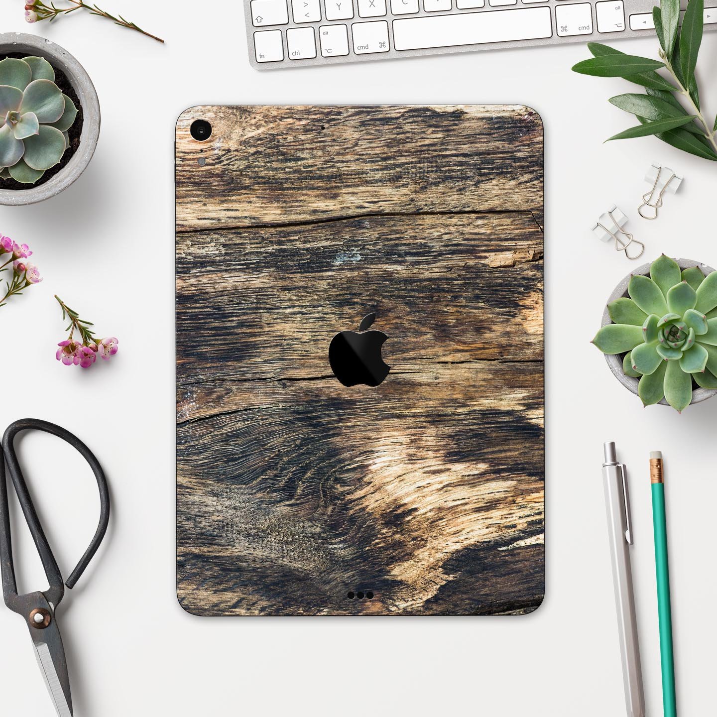 Raw Wood Planks V12 skin decal for Apple iPad Pro, showcasing a rustic wood design with a smooth finish.