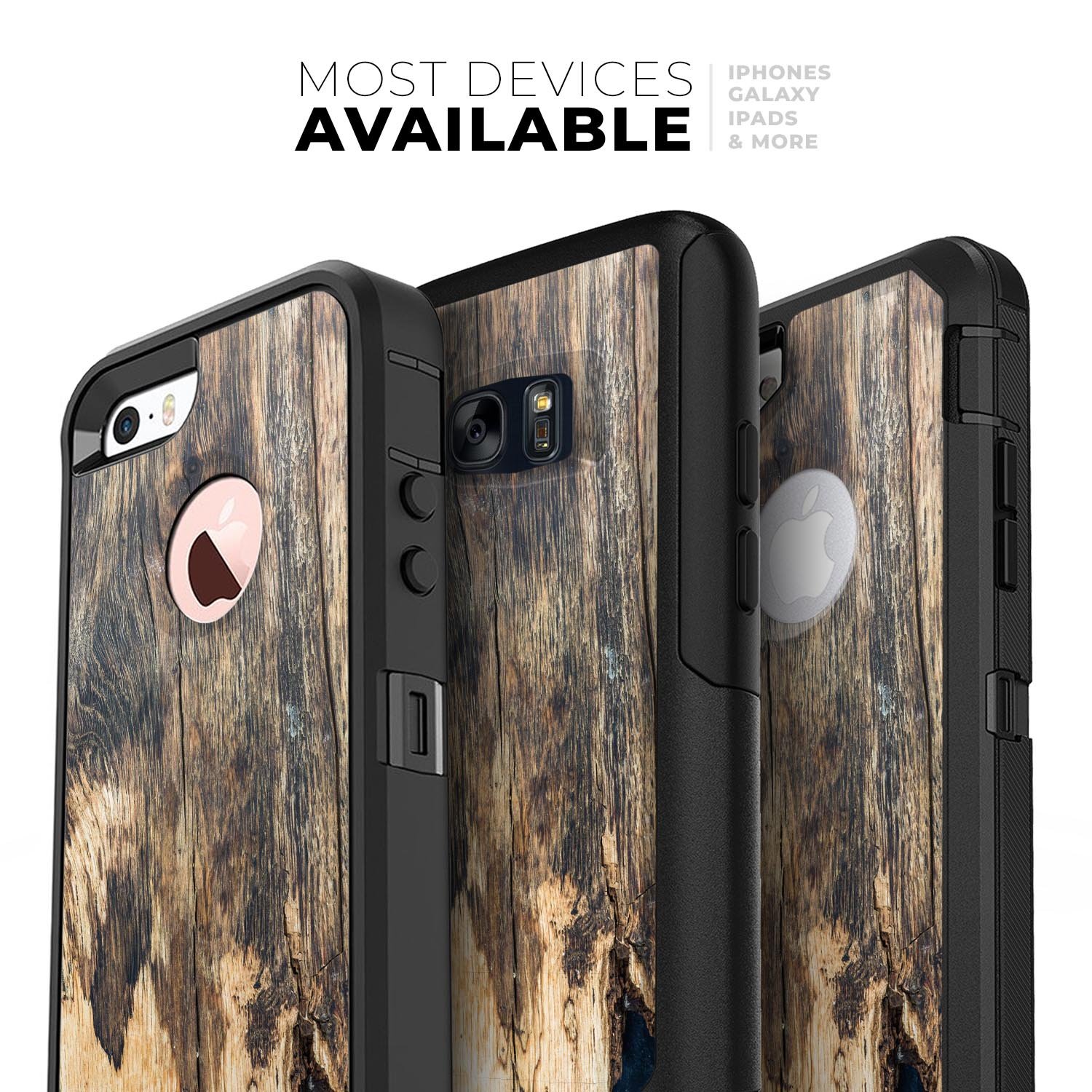 Raw Wood Planks V12 Skin Kit for iPhone OtterBox Cases featuring a natural wood grain design.