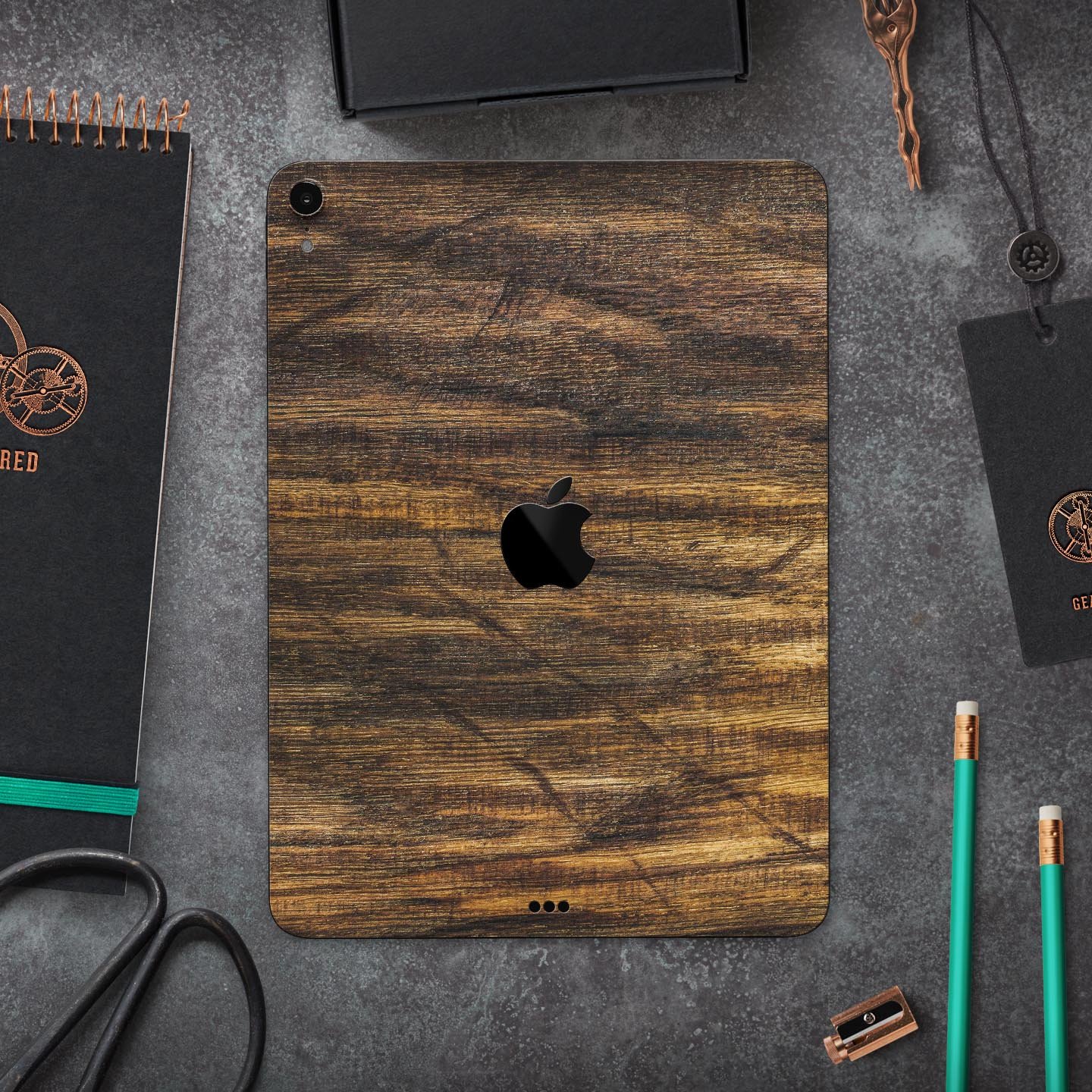 Raw Wood Planks V4 skin decal for Apple iPad Pro, showcasing a rustic wood design with ultra-thin protection.