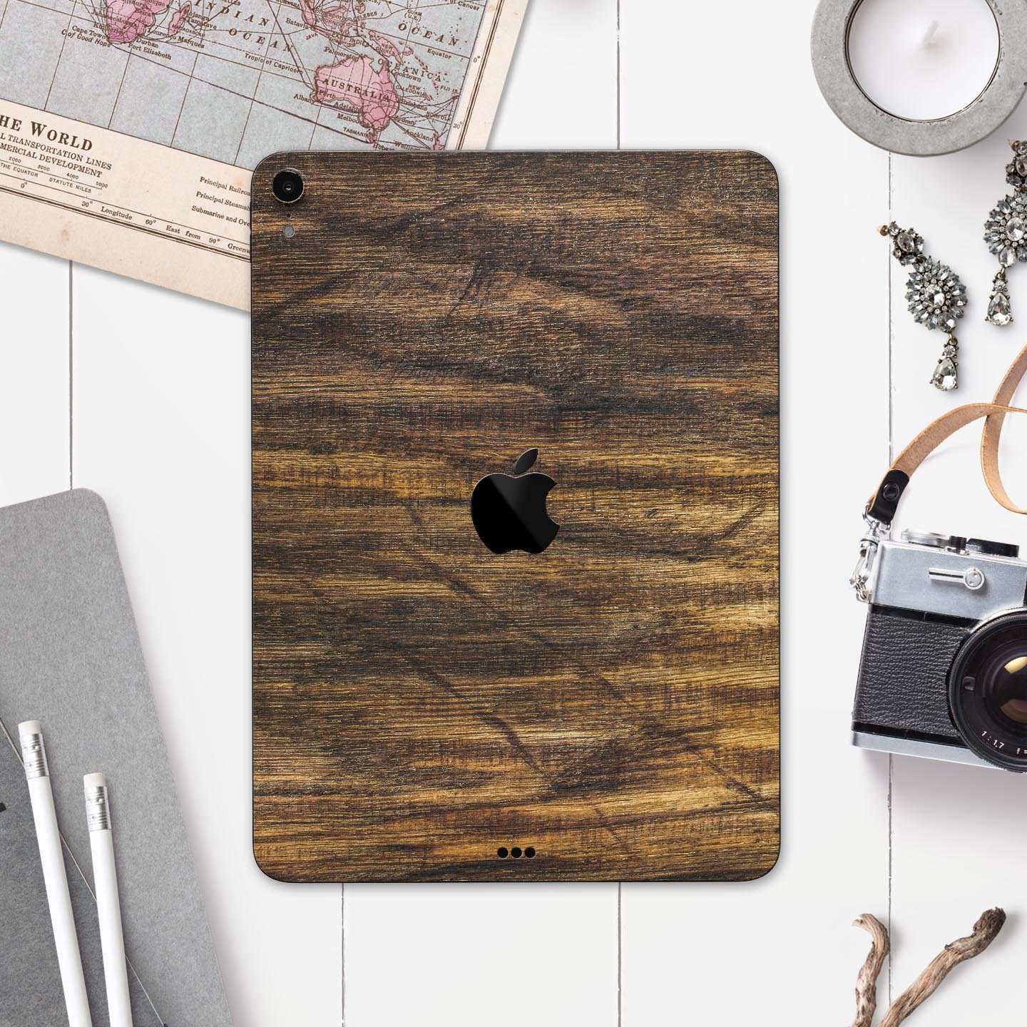 Raw Wood Planks V4 skin decal for Apple iPad Pro, showcasing a rustic wood design with ultra-thin protection.