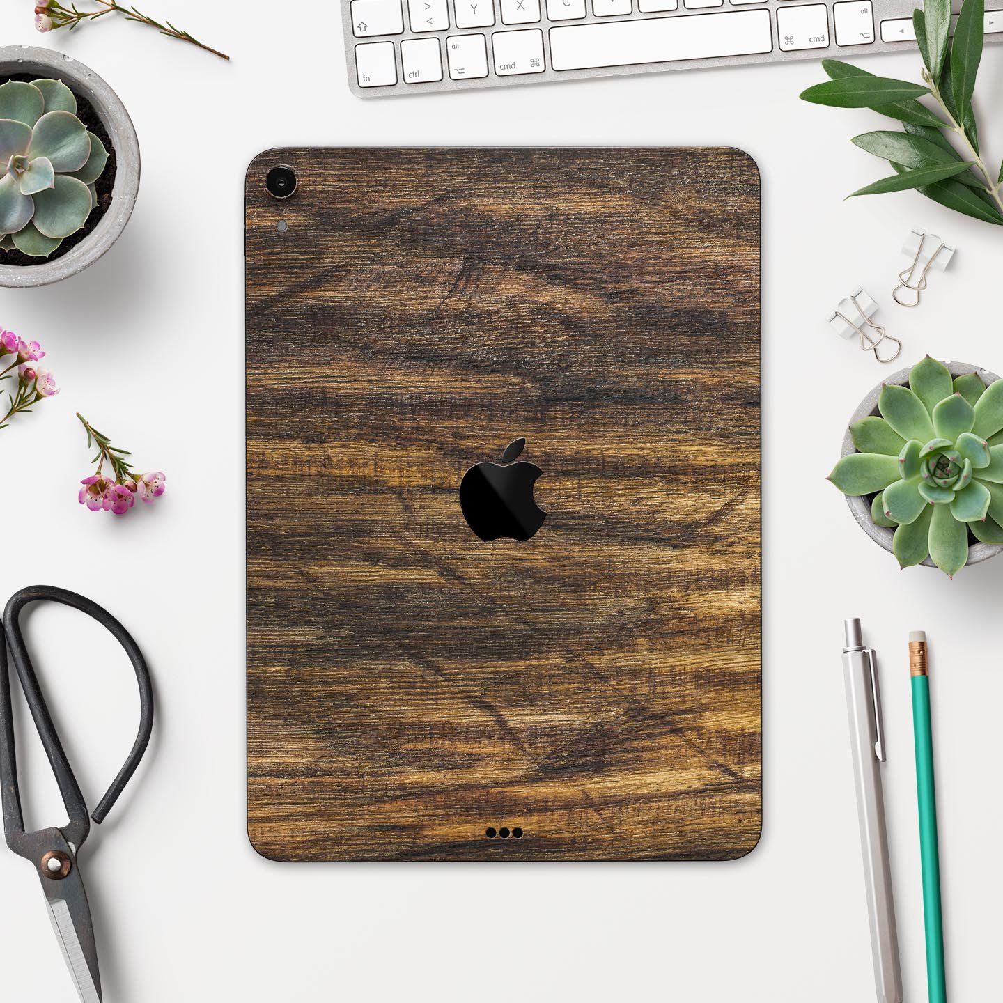 Raw Wood Planks V4 skin decal for Apple iPad Pro, showcasing a rustic wood design with ultra-thin protection.