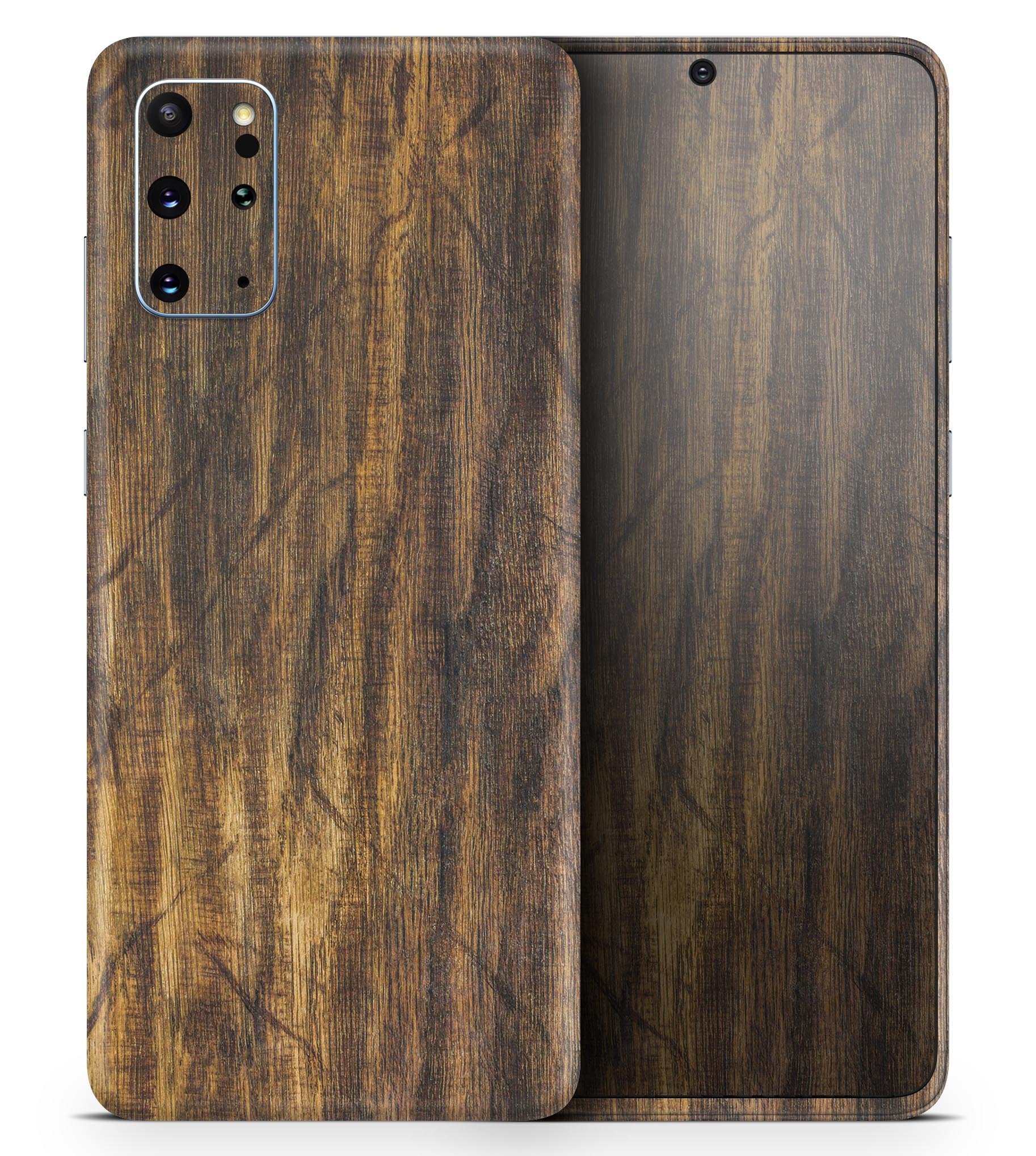 Raw Wood Planks V4 Skin-Kit for Samsung Galaxy S20, showcasing a stylish wood grain design on a sleek phone.