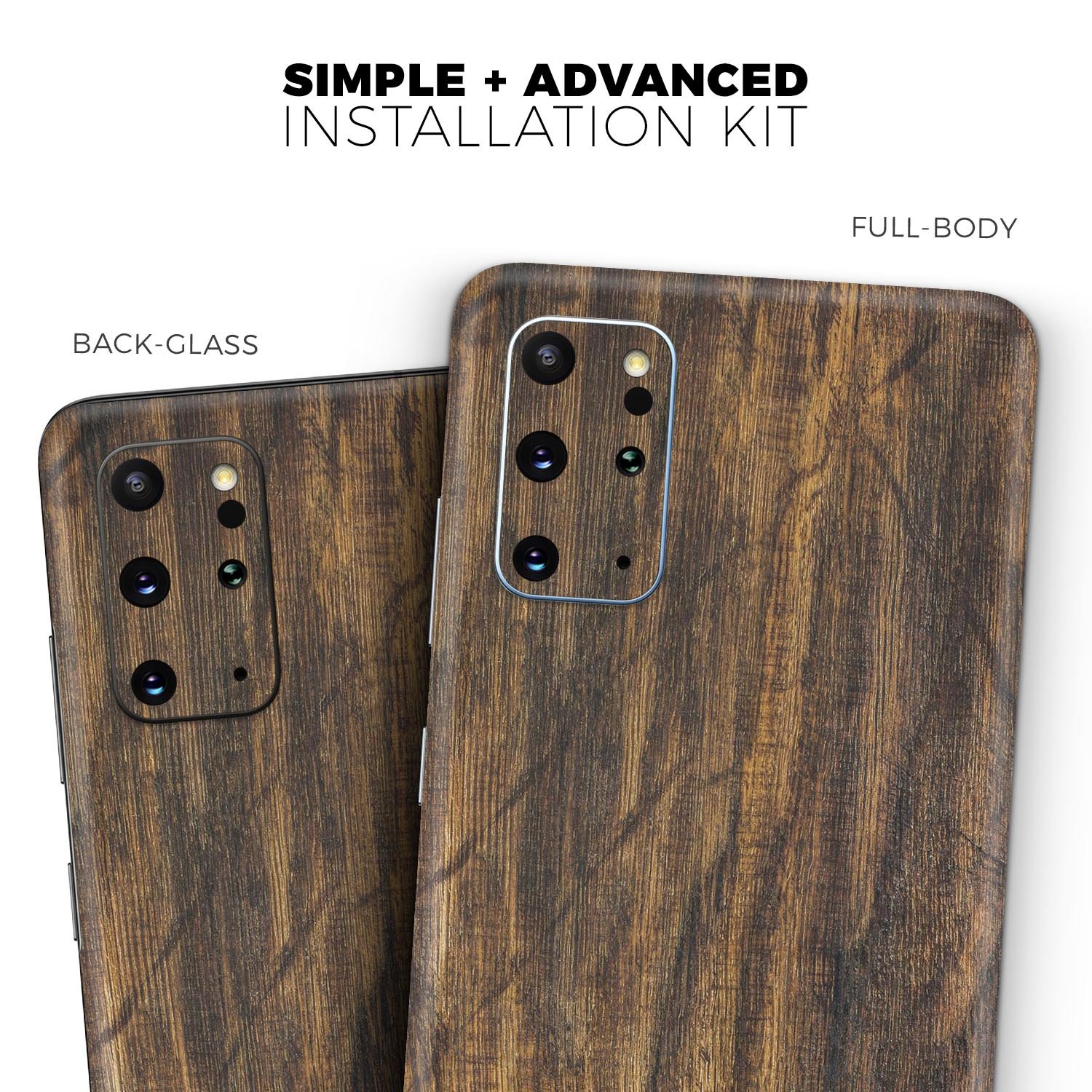 Raw Wood Planks V4 Skin-Kit for Samsung Galaxy S20, showcasing a stylish wood grain design on a sleek phone.