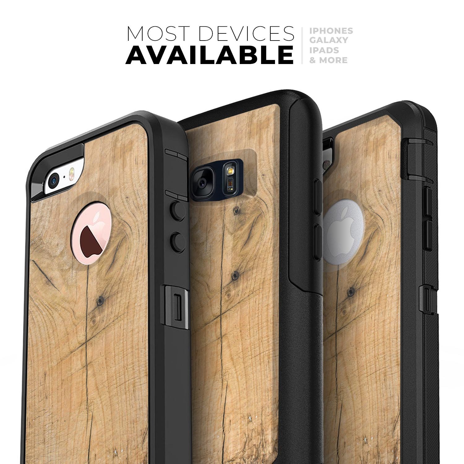 Raw Wood Planks V5 Skin Kit for iPhone OtterBox Cases, showcasing a rustic wood design.