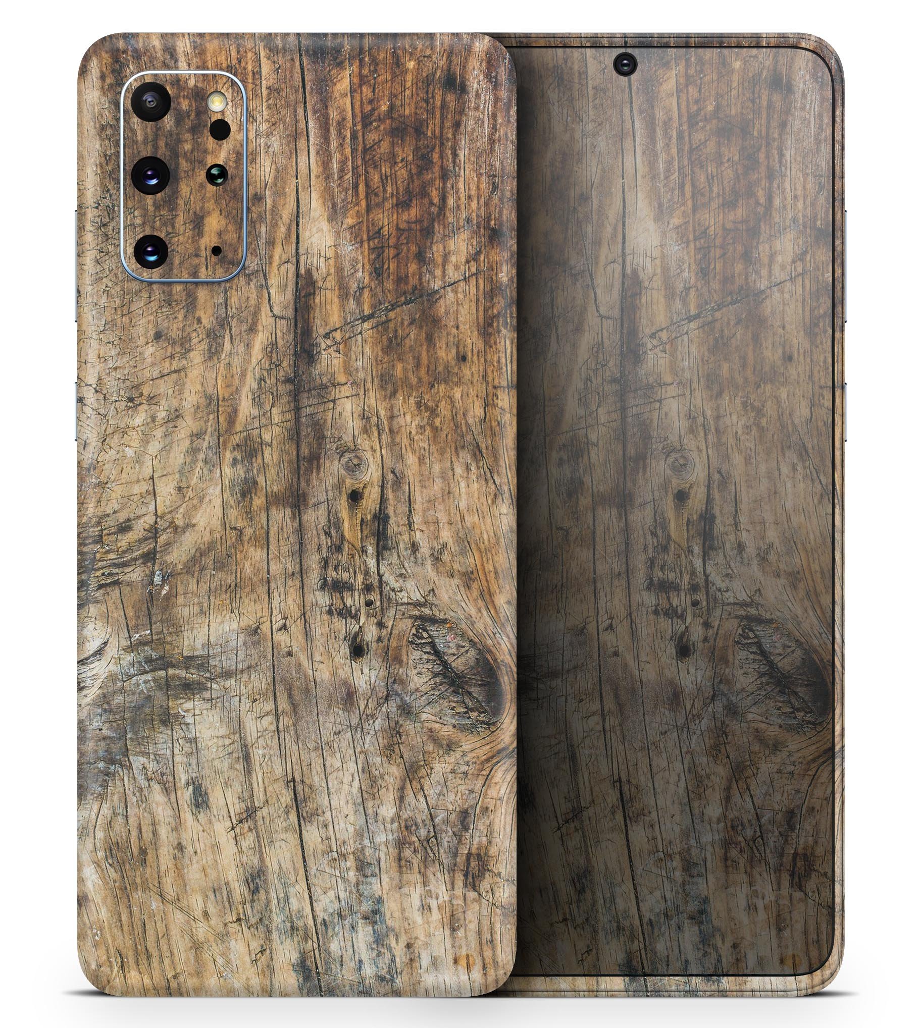 Raw Wood Planks V6 Skin-Kit for Samsung Galaxy S20, showcasing a stylish wood grain design.