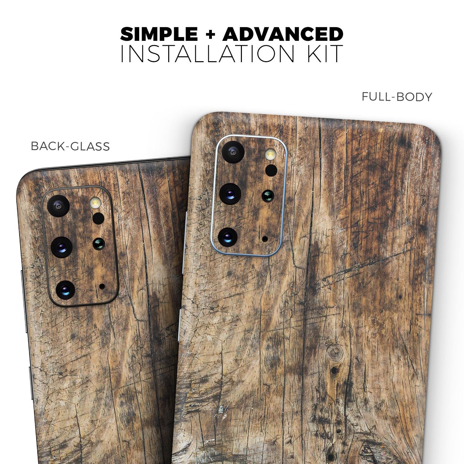 Raw Wood Planks V6 Skin-Kit for Samsung Galaxy S20, showcasing a stylish wood grain design.