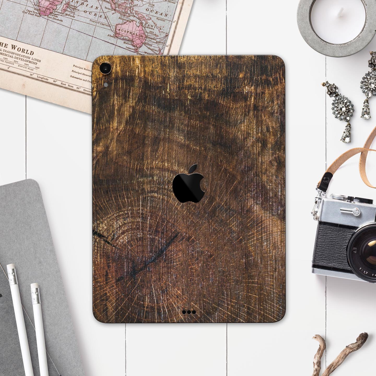 Raw Wood Planks V7 skin decal for Apple iPad Pro, showcasing a stylish wood design with a smooth finish.