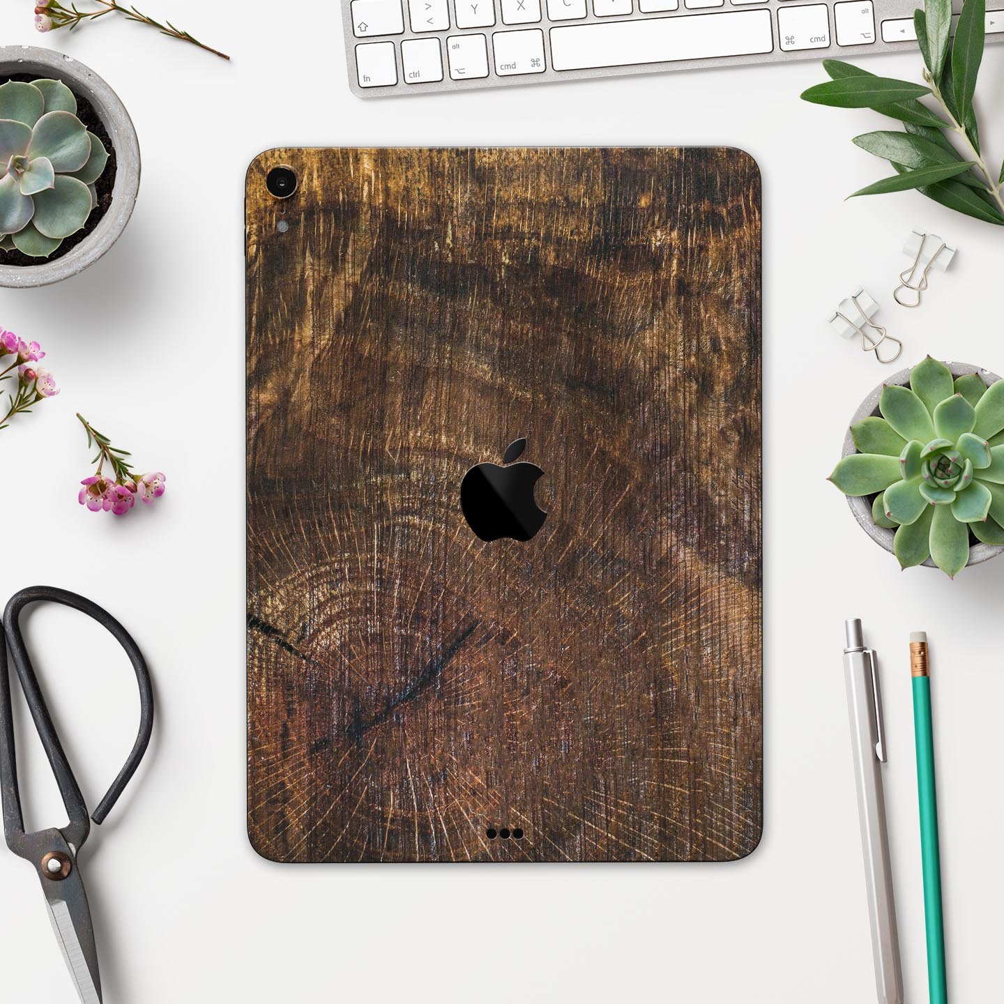 Raw Wood Planks V7 skin decal for Apple iPad Pro, showcasing a stylish wood design with a smooth finish.