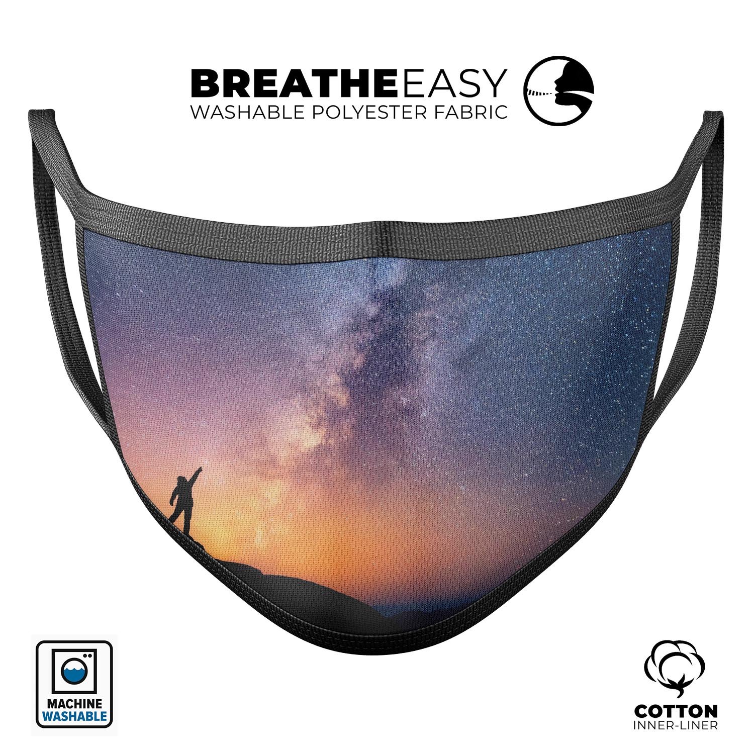 Reach for the Stars mouth cover, a unisex anti-dust cotton mask featuring adjustable ear loops and a vibrant dye-sublimated design, made in the USA.